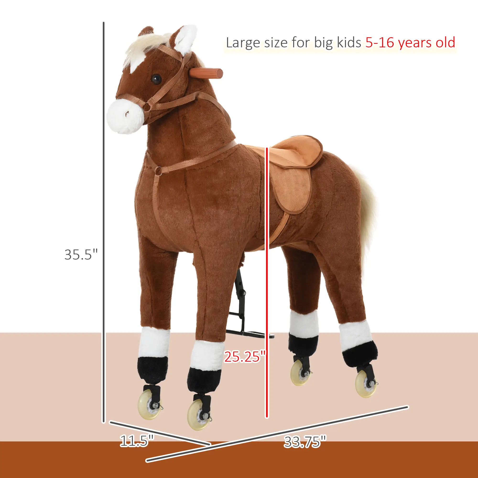 Kids Ride-on Walking Horse with Easy Rolling Wheels, Soft Huggable Body, & a Large Size for Kids 5-16 Years