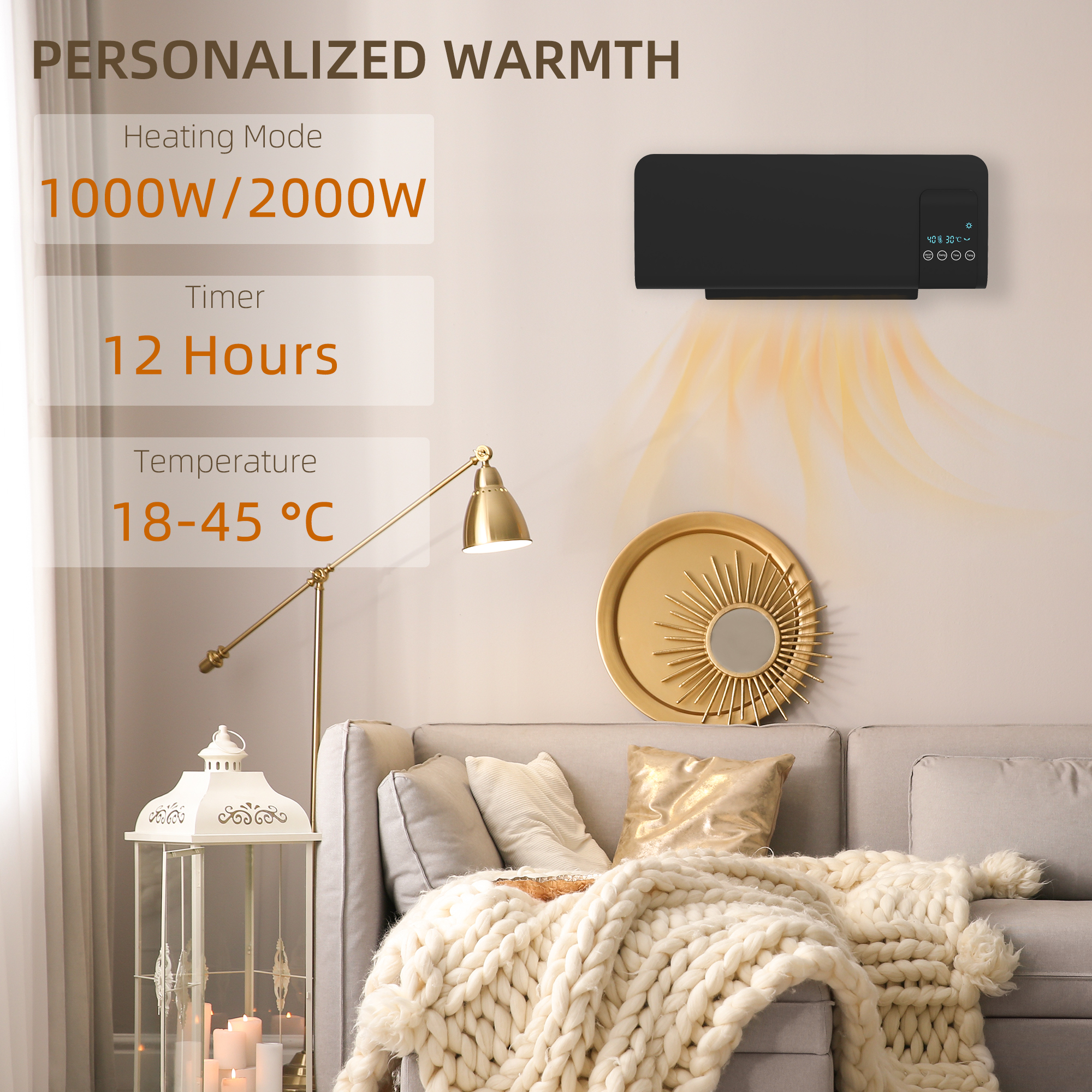 2000W Wall Mounted Heater, 18-45 Temperature, Black — image 3