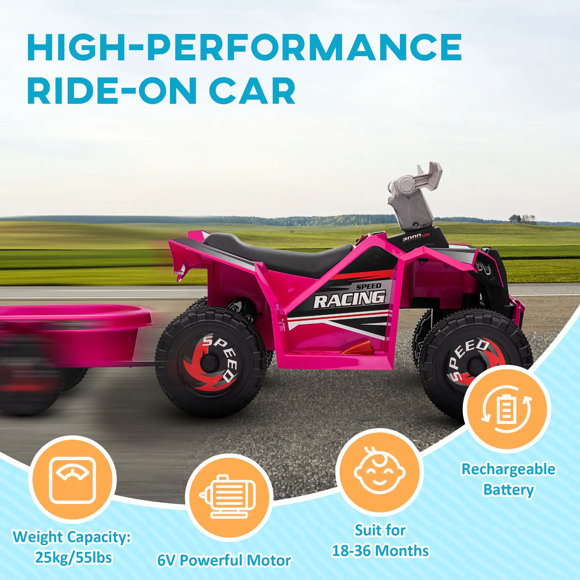 6V Electric Toy Car with Back Trailer, Forward Backward, Wear-Resistant Wheels for Ages 18-36 Months, Pink