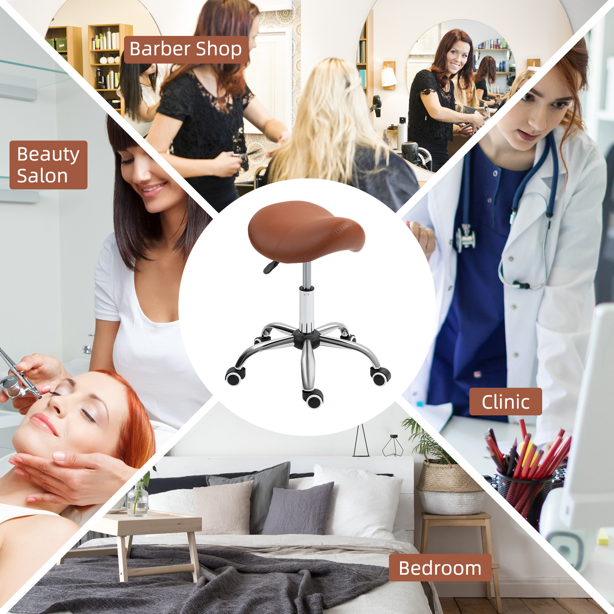 Saddle Stool, Height Adjustable Salon Chair For Massage Spa, Faux Leather, Brown — image 4