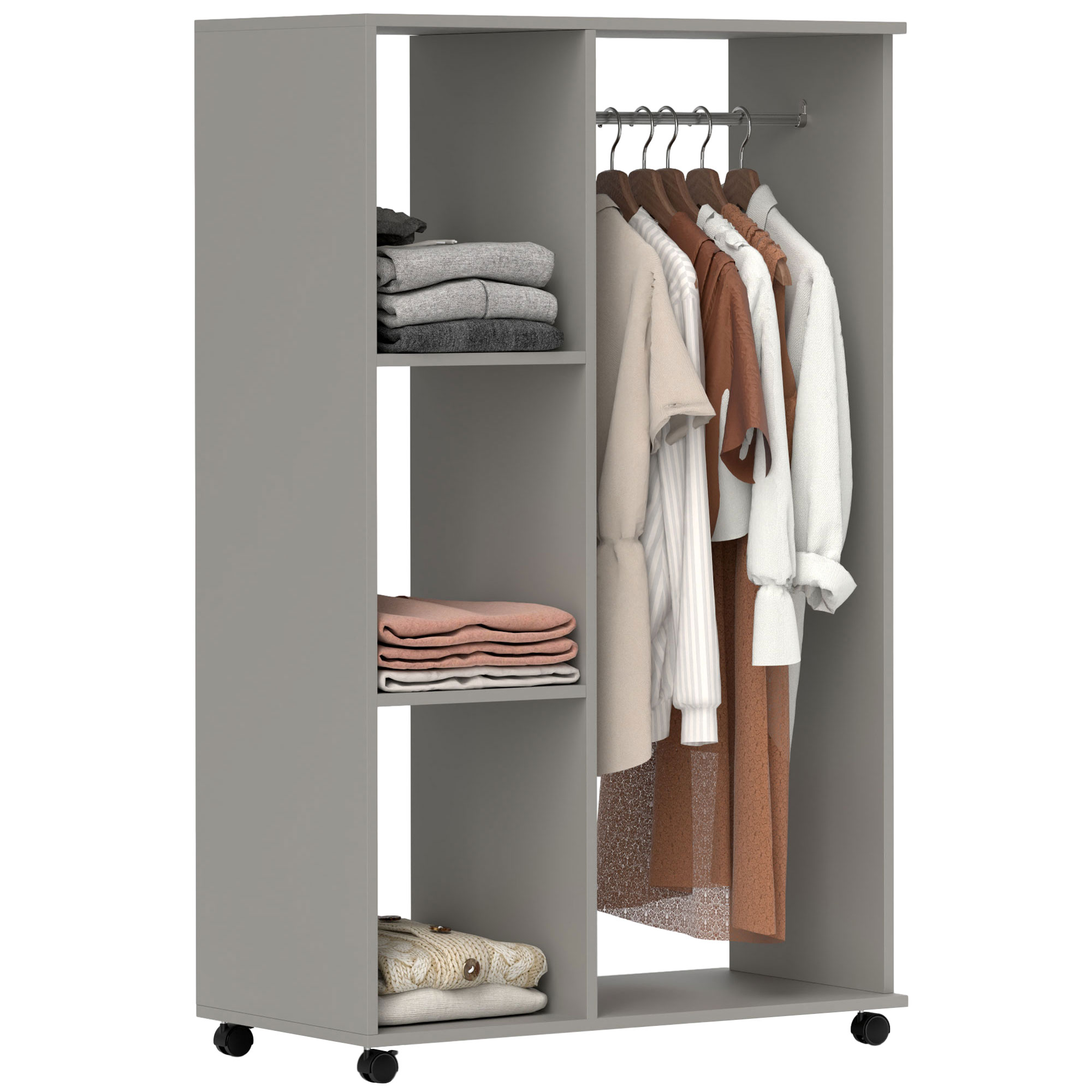 Grey board-effect open wardrobe with four swivel castors, an aluminium hanging rail and three open shelves