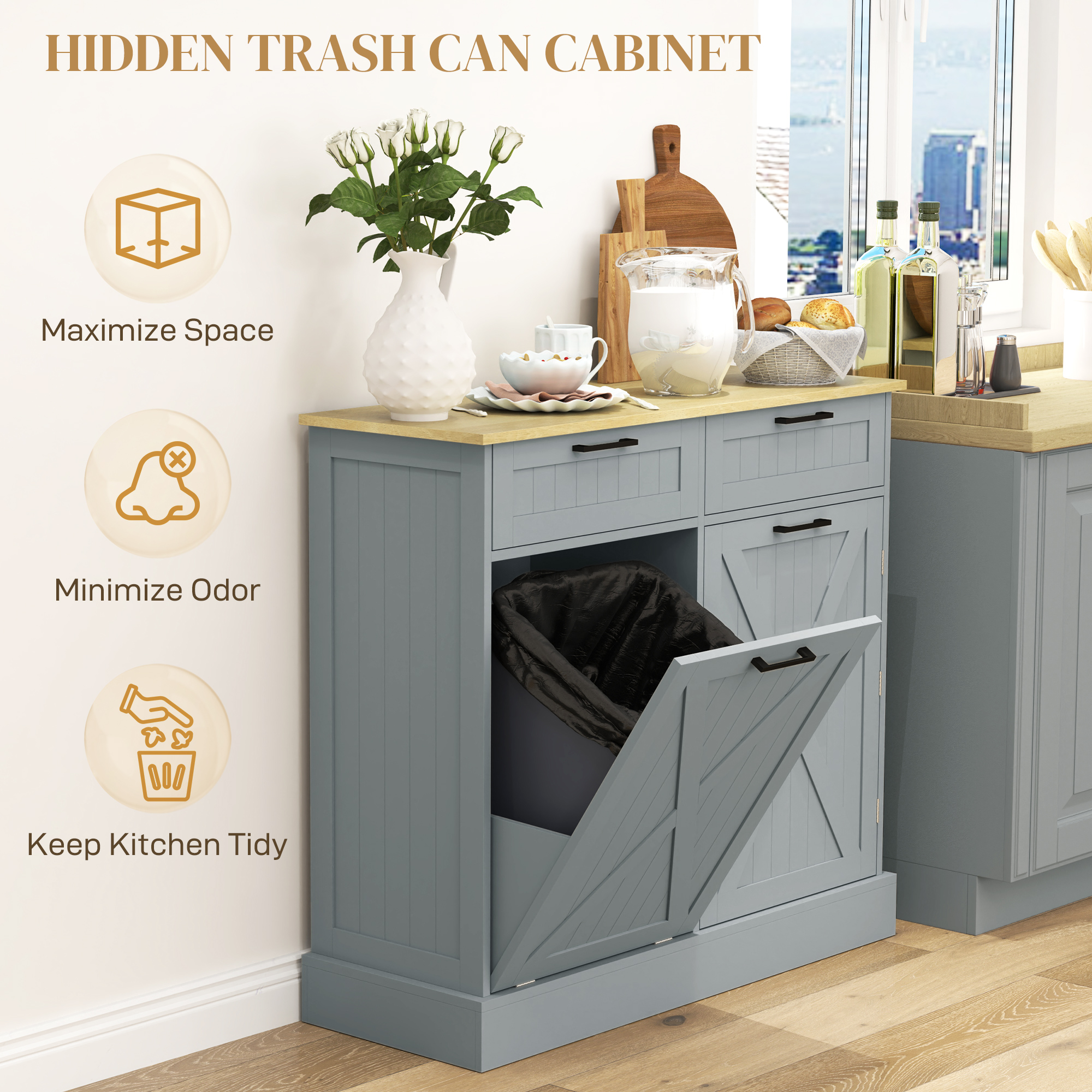10 Gallon Farmhouse Kitchen Cabinet with Hidden Trash Can view 4