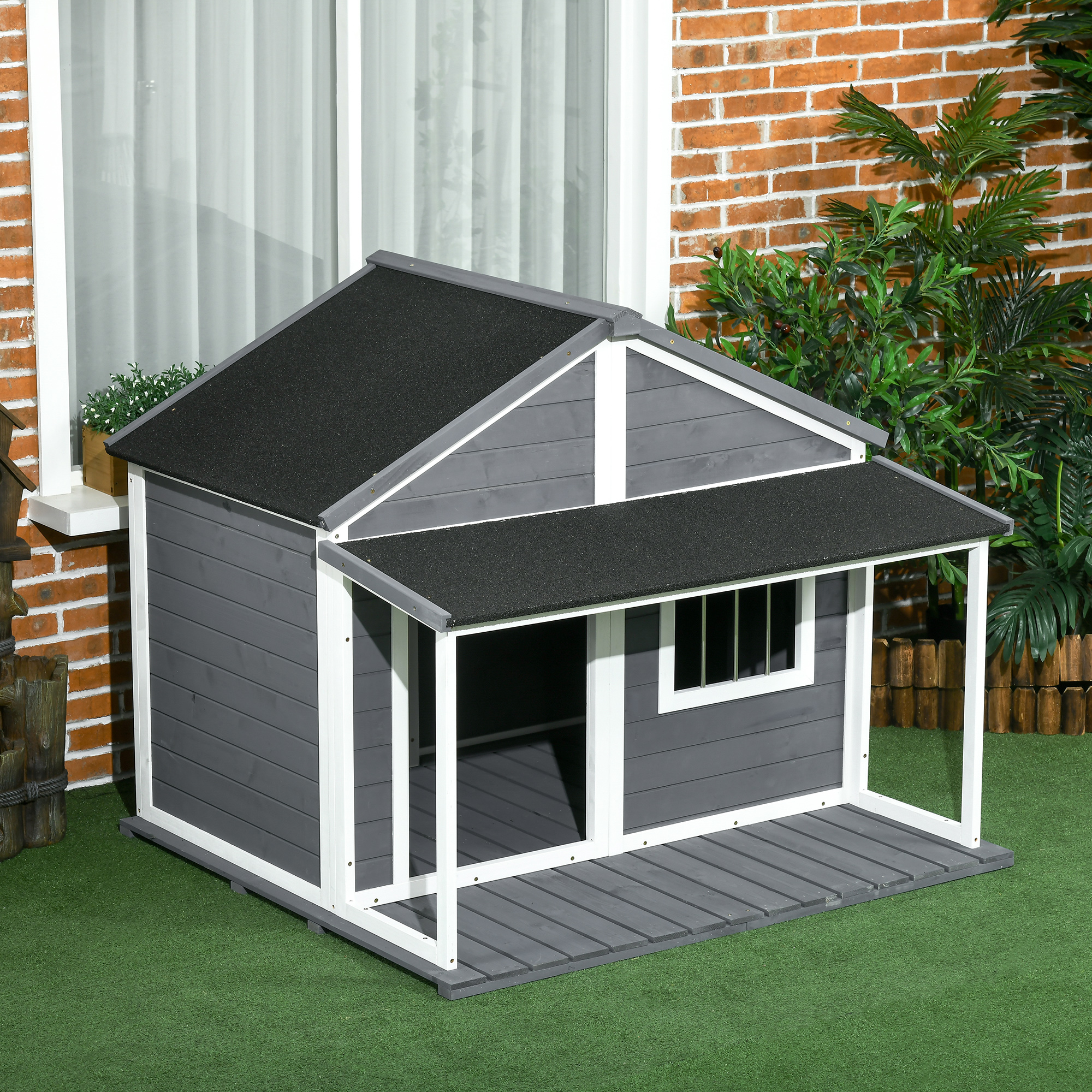  Outdoor Cabin Style Dog House, Medium Dogs, 53 lbs, Gray
