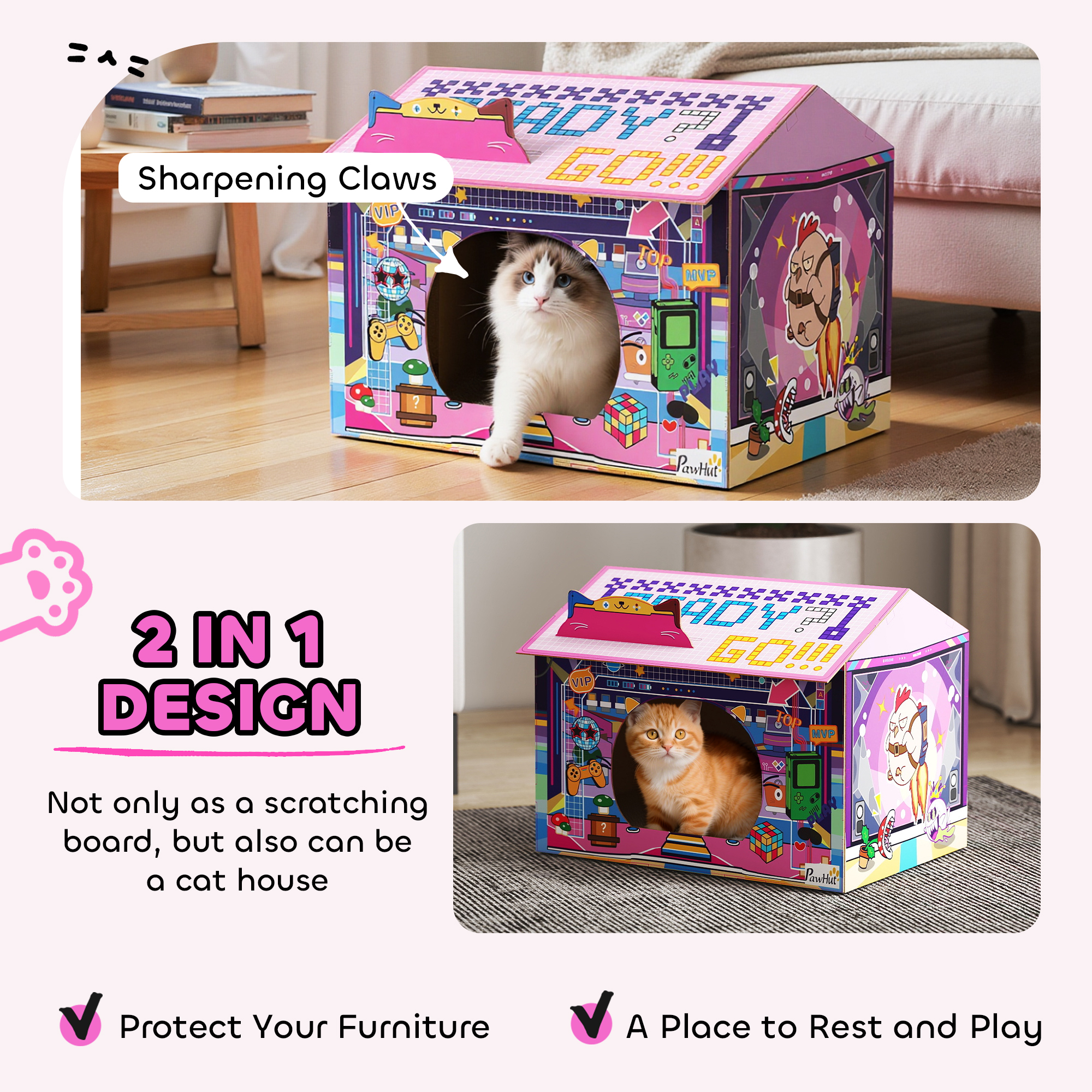 PawHut 2 In 1 Gaming Style Cardboard Cat House With Scratching Board & Catnip For Indoor Cats, Pink 2
