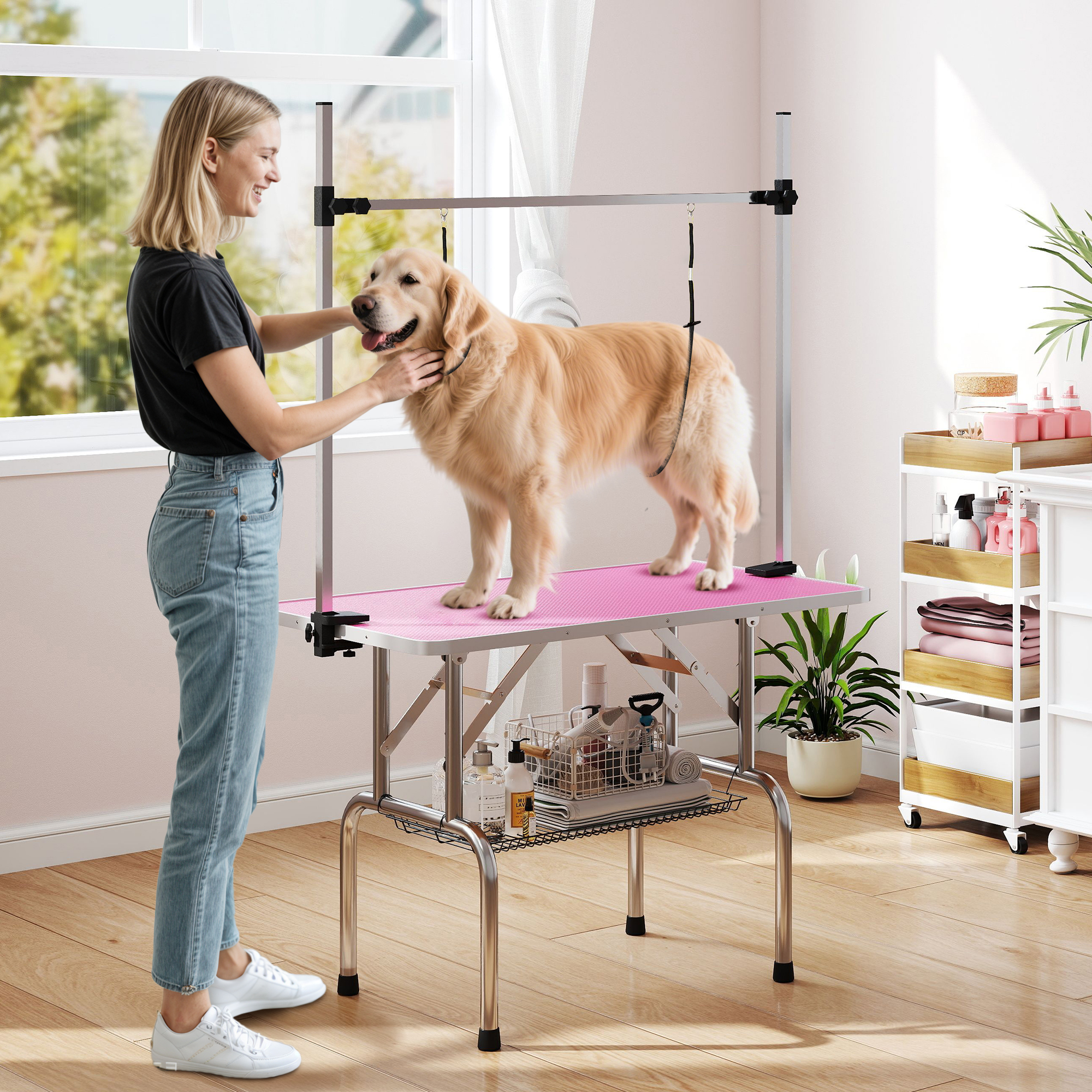 PawHut 42 Dog Grooming Table, Adjustable Pet Cat Drying Beauty Table With 2 Loops Storage Basket, Rubber Top, Pink