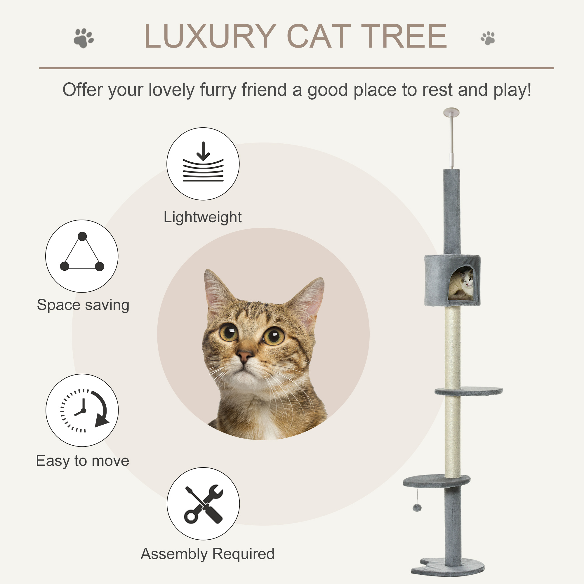  85.5" Cat Tree Height Adjustable Floor-to-Ceiling 4-Tier Kitty Climbing Activity Center Condo Cat Toy with Scratching Post Hanging Balls Play Rest Post Pet Furniture Grey