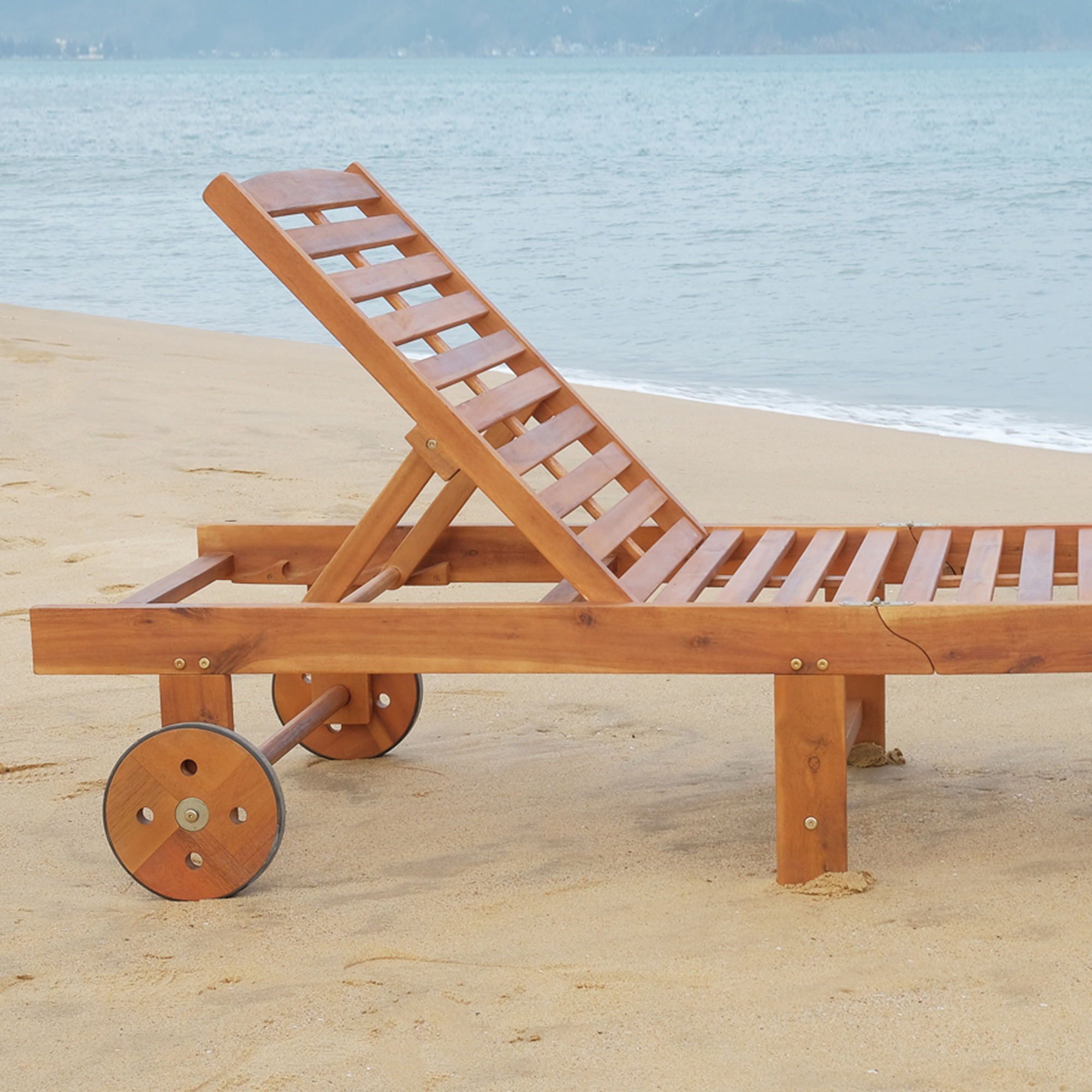 Outdoor Folding Chaise Lounge Chair Recliner with Wheels, Acacia Wood Frame – Teak Color