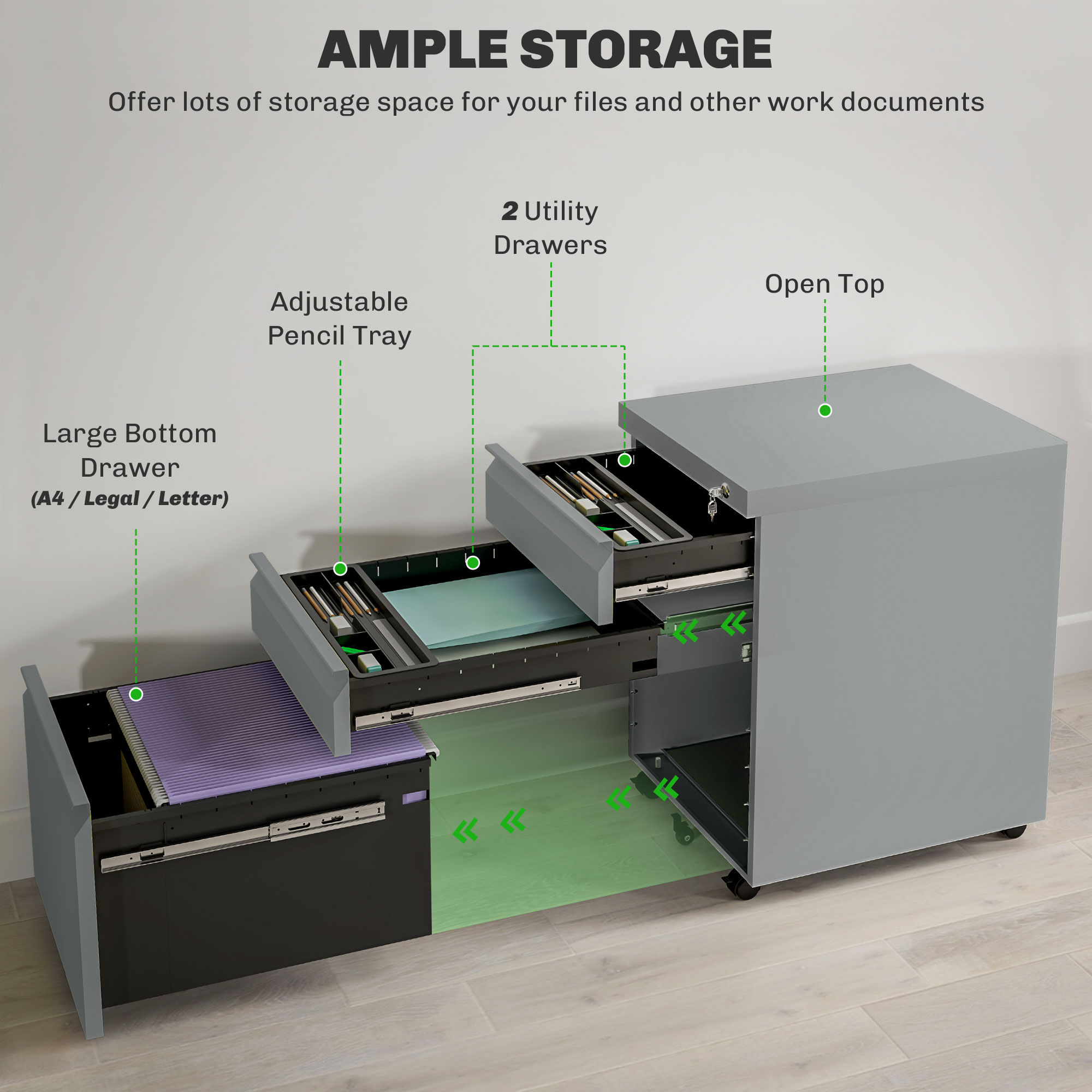 Vinsetto 3 Drawer Filling Cabinet, Mobile Metal File With Anti-tilt Design