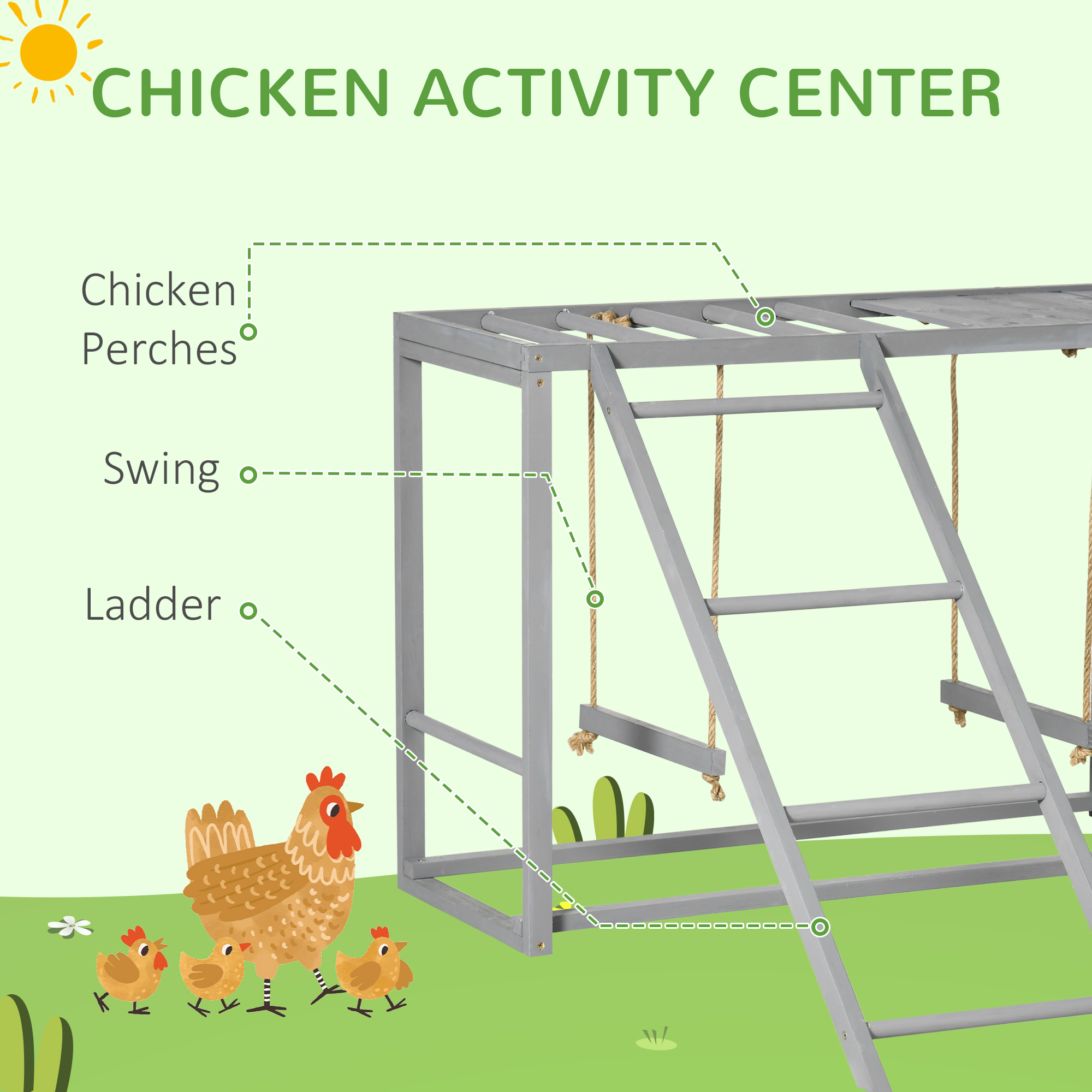  Chicken Activity Play with Swing Set for 3–4 Birds, Wooden Chicken Coop Accessory with Multiple Perches & Hen Ladder, Gray