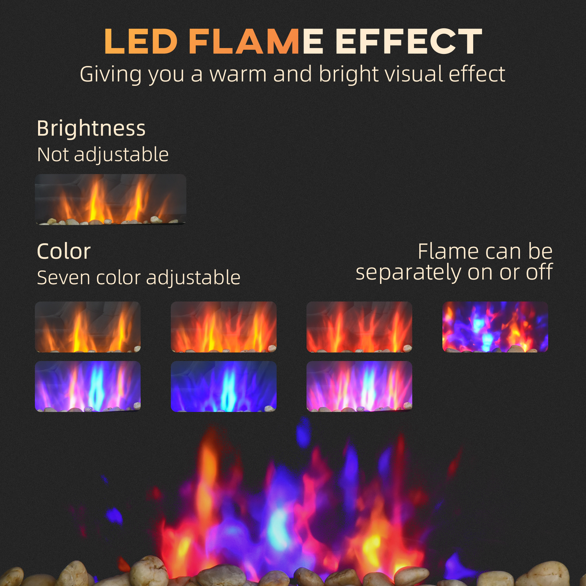 28.5" 1450W Electric Wall-Mounted Fireplace with Flame Effect, 7 Color Background Light, Black image 3