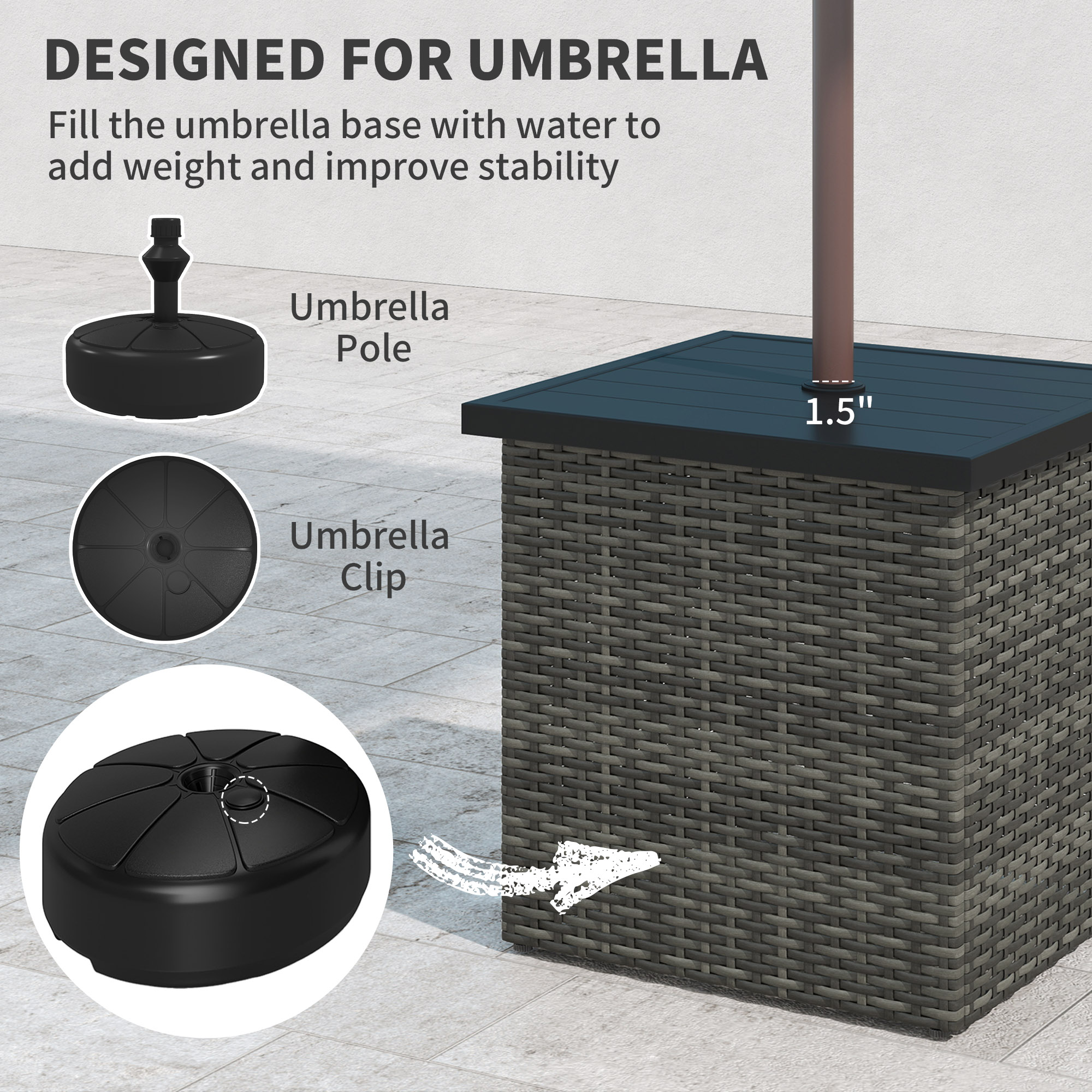  Wicker Side Table with 1.5" Umbrella Hole, Square Outdoor End Table with UV-Resistant Frame, Storage Space, Mixed-Gray