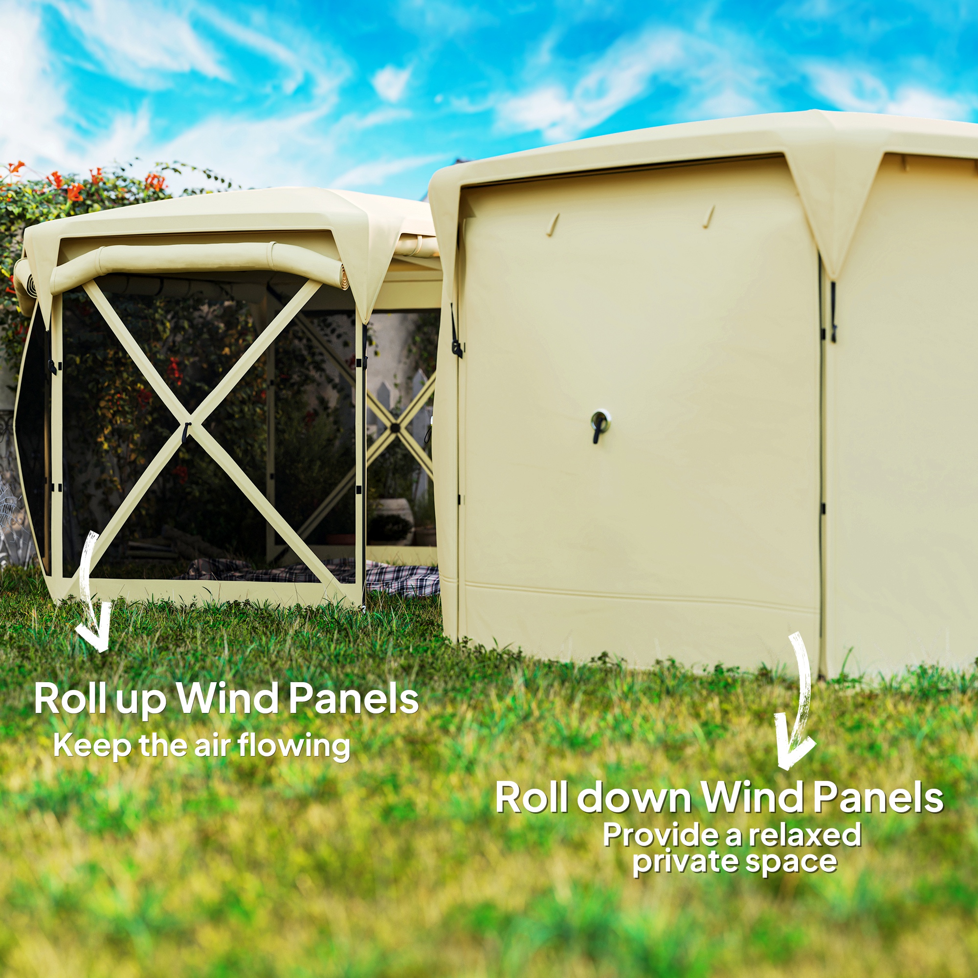 11 x 11ft Pop Up Gazebo Screen Tent with Removable Roof Cover, Roll-up Wind Panels for Camping, Backyard, Beige - Image 2