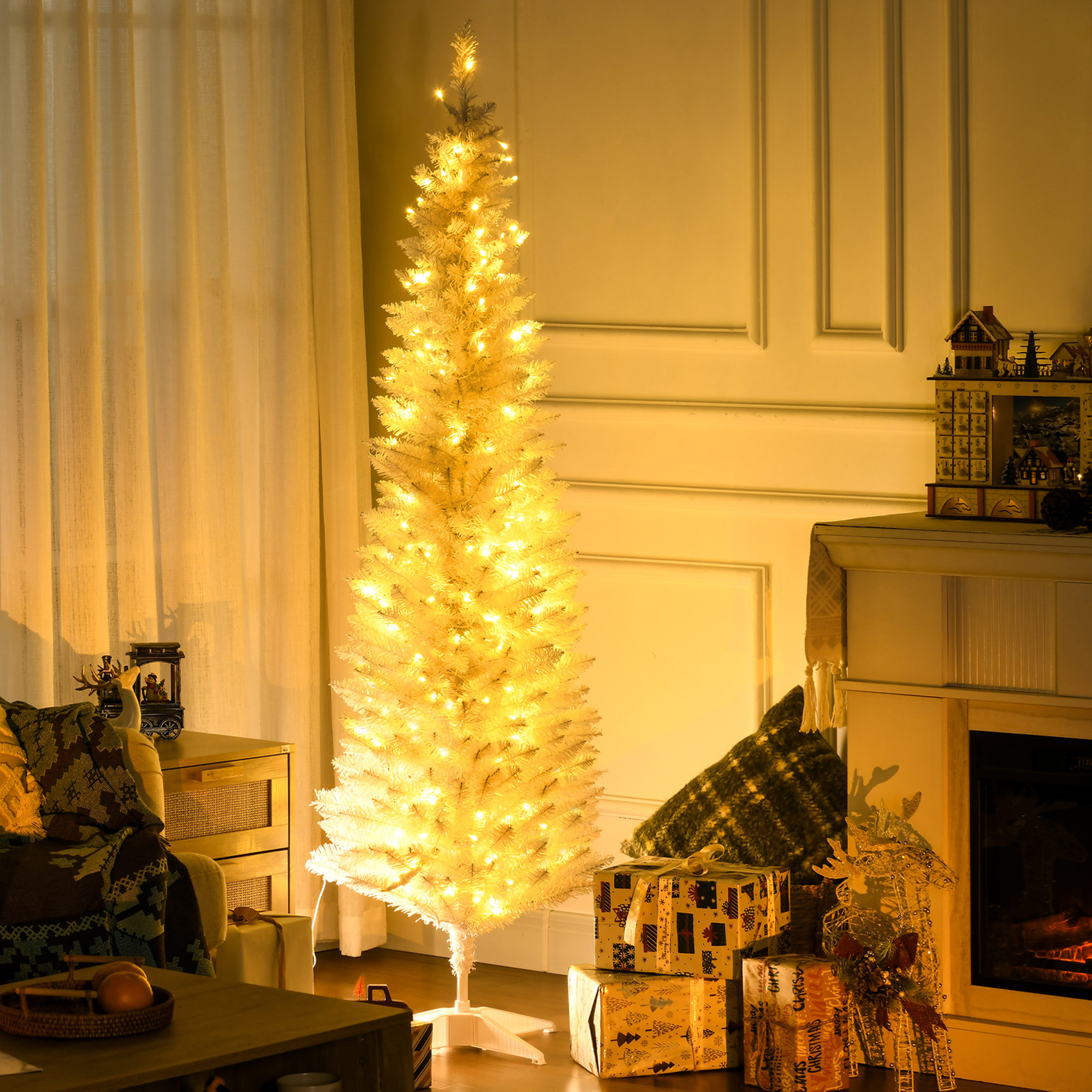 6ft Pencil Christmas Tree, Slim Artificial Christmas Tree with Realistic Branches and Warm White LED Lights, W