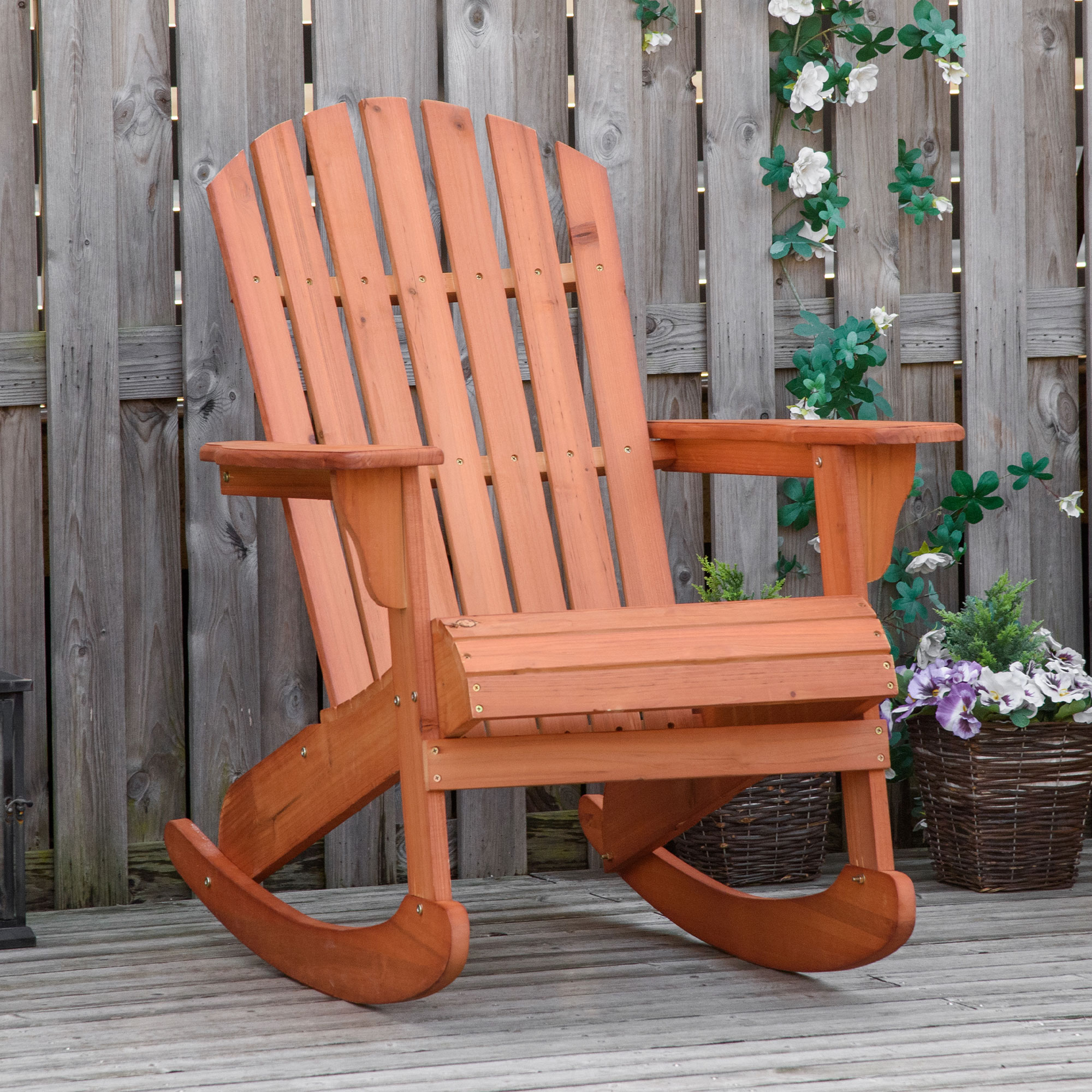  Adirondack Rocking Chair, with Slatted Wooden Design, Fanned Back, Ergonomic Armrests, & Classic Rustic Style, For Porch, Patio, Backyard, Teak