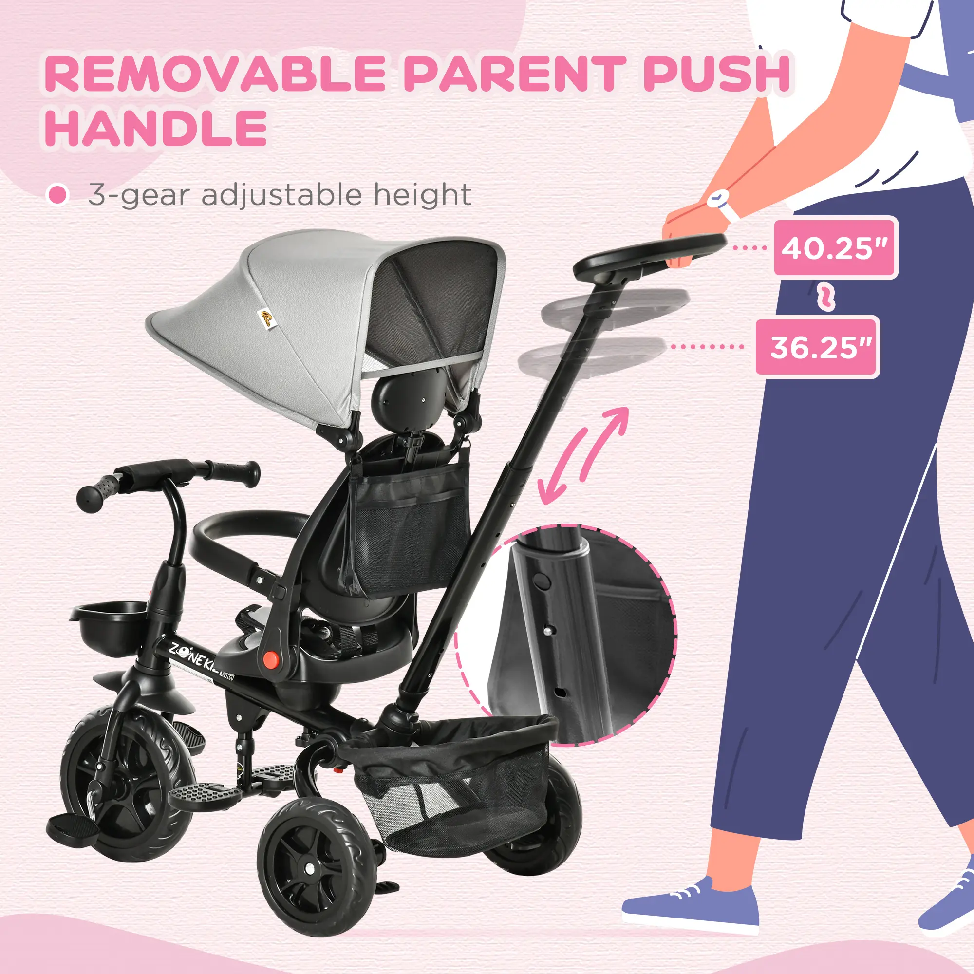 Kids Tricycle, 4 in 1 Foldable Trike with Reversible Seat, Adjustable Parent Handle, Safety Harness, Wheel Brakes, Removable Canopy, Storage, Tricycle for Toddl
