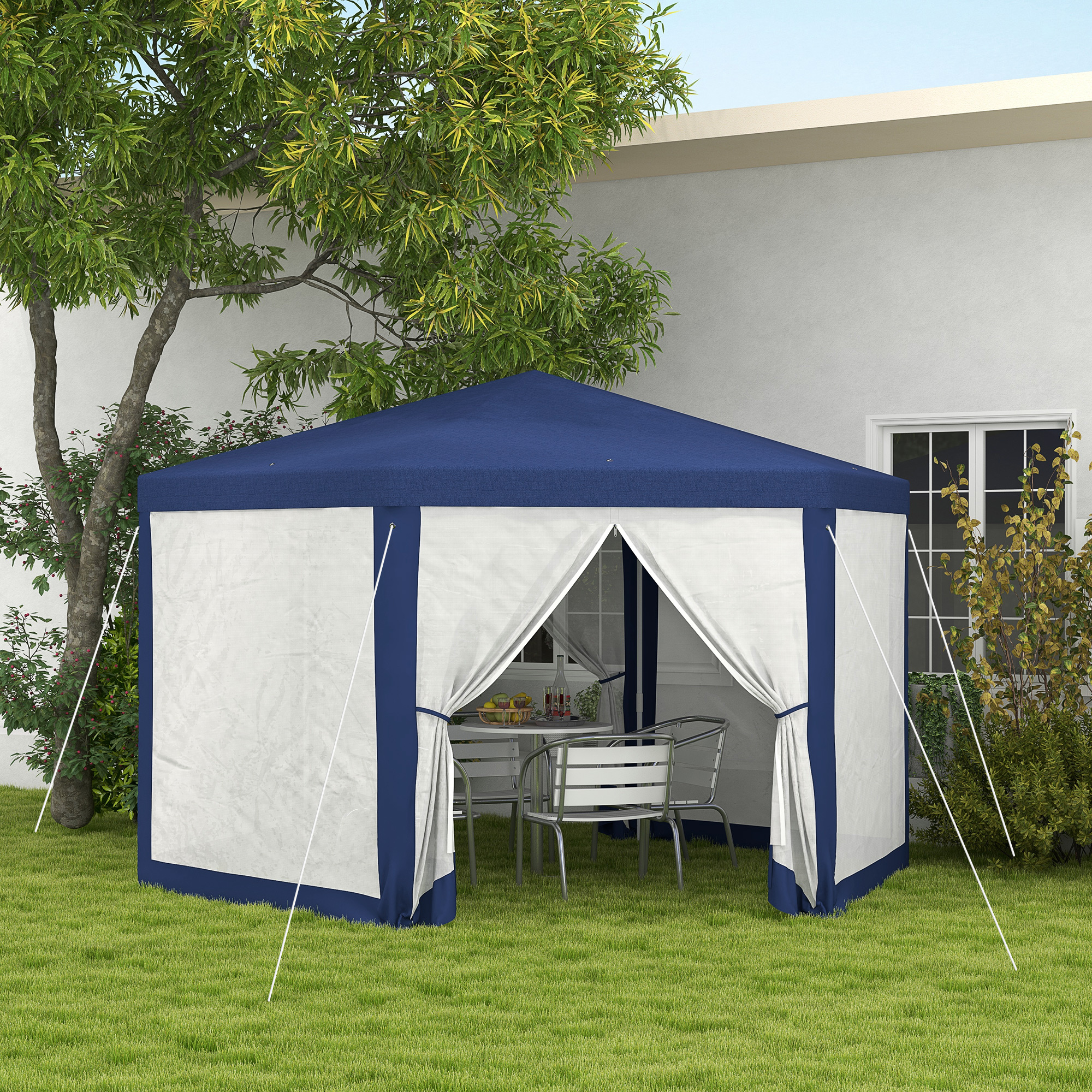 13 x 11 Outdoor Party Tent, Hexagon Sun Shade Shelter Canopy w/ Protective Mesh Screen Sidewalls, Ropes & Stakes, Blue