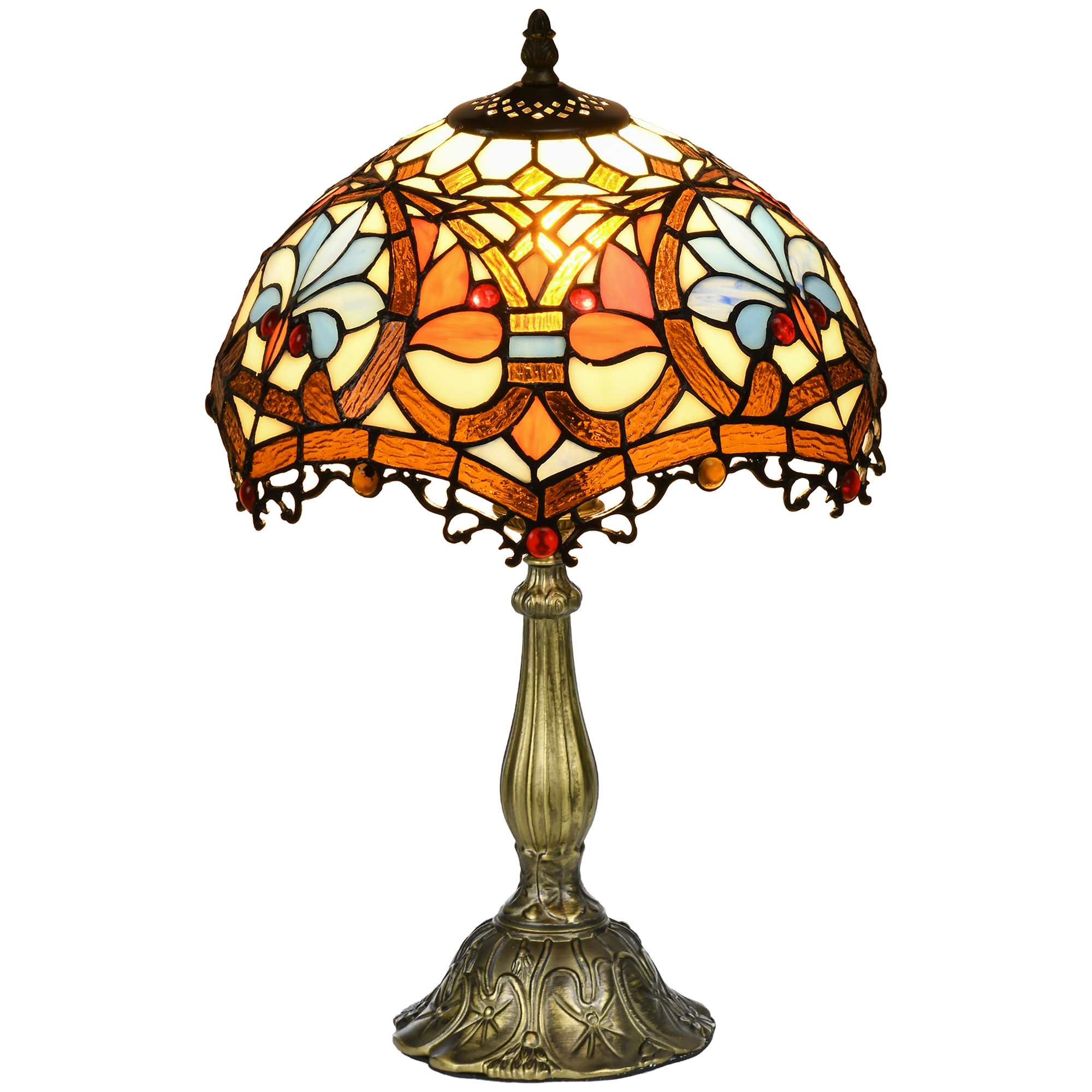 Multicolour handcrafted Tiffany style stained glass table lamp with scalloped skirt and jewel beads