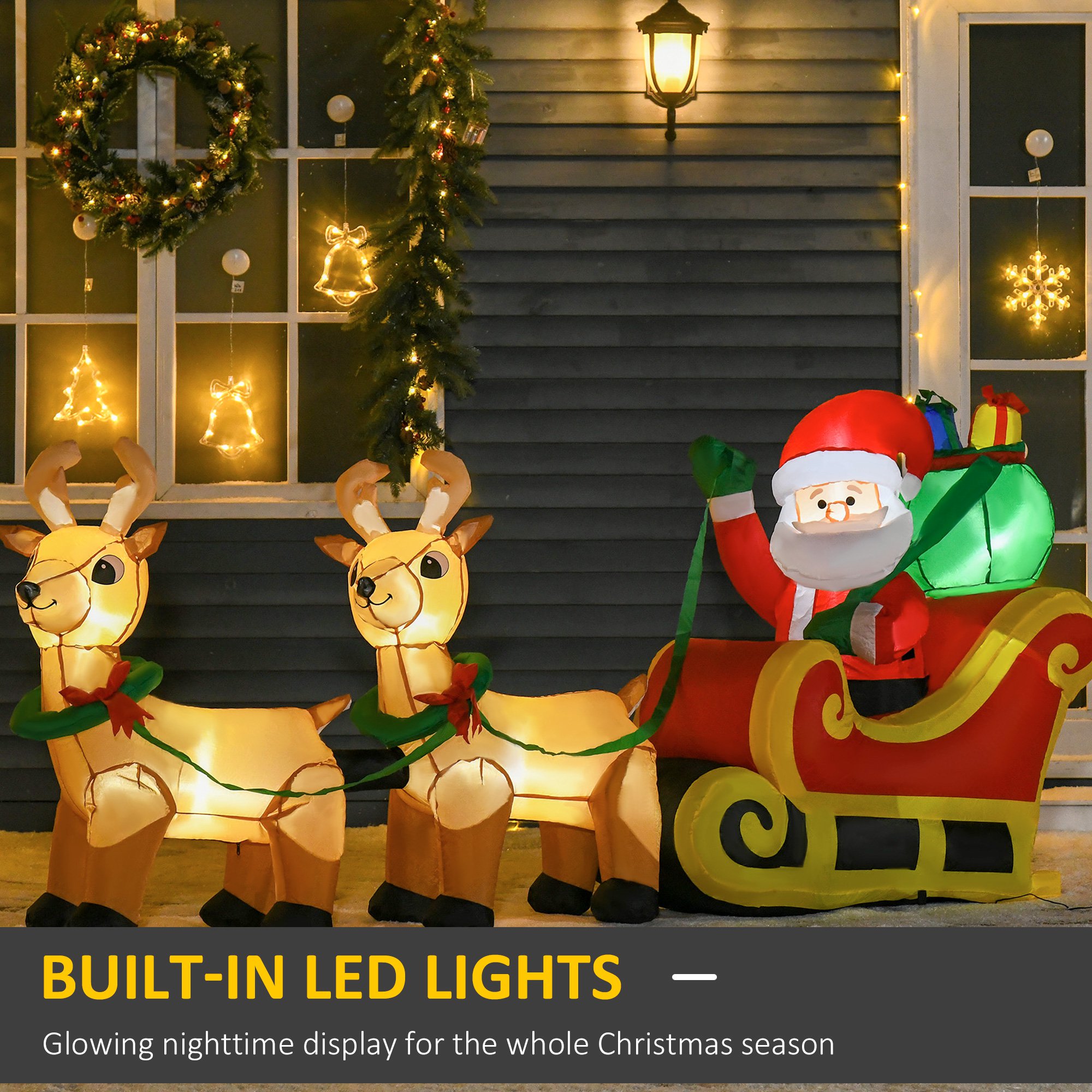  8ft Long Christmas Inflatable Santa Claus with Sleigh and Reindeer, Outdoor Blow-Up Yard Decoration with LED Lights Display image 3