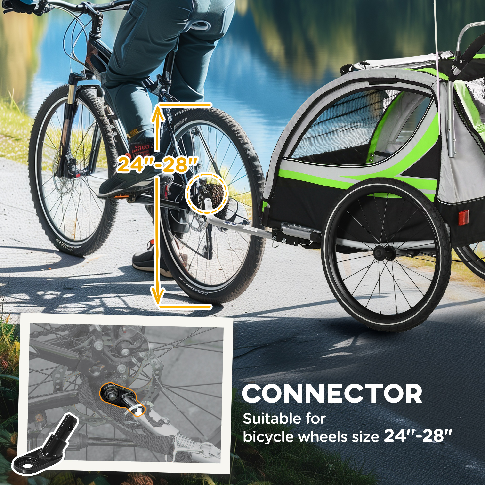 3-in-1 Bike Trailer for Kids, Running Stroller with 2 Seats, Jogging Cart with 5-Point Harness, Storage Units, Green