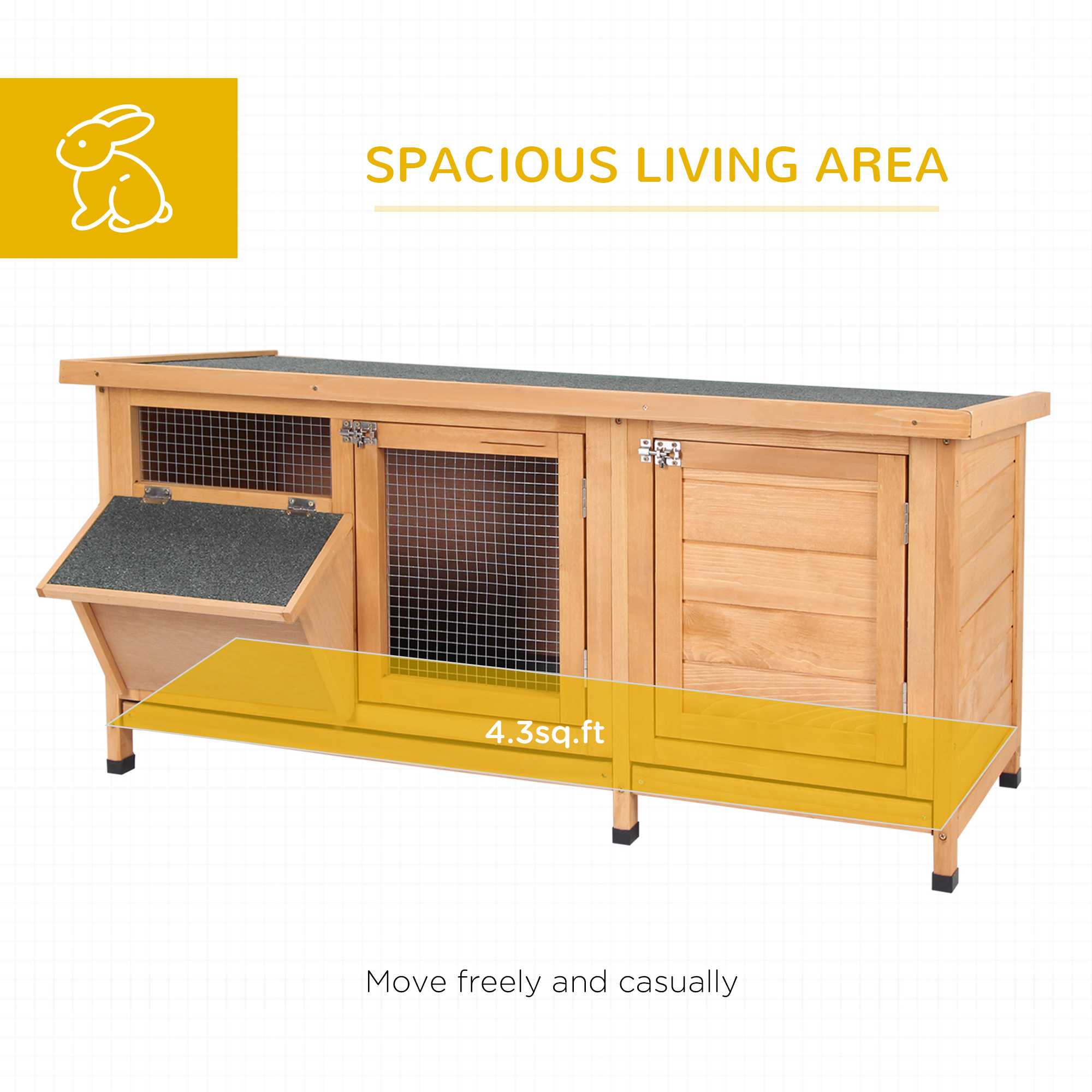  Large Bunny Hutch, Rabbit Cage with 2 Outside Areas and 1 Main House for Small Animals, Yellow