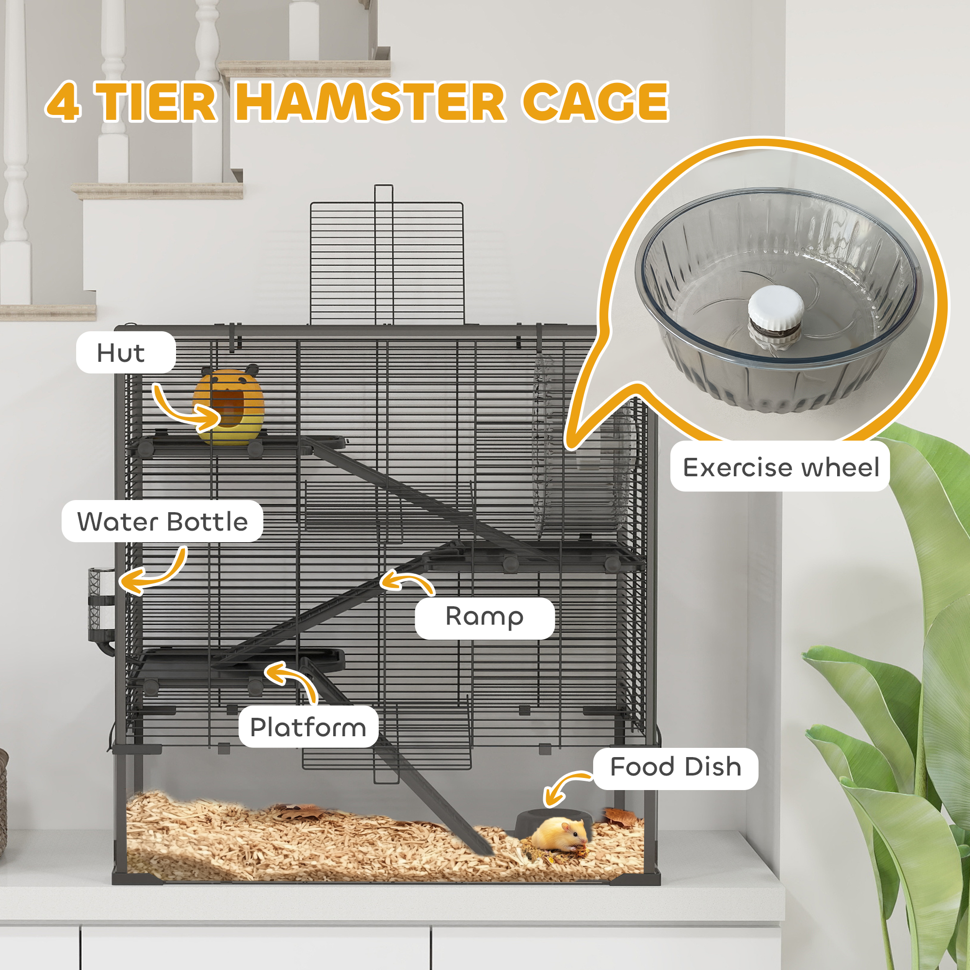  4 Tier Hamster Cage with Deep Tempered Glass Bottom, Running Wheel, Hut, Water Bottle, Food Dish, 31" x 19" x 31.5"