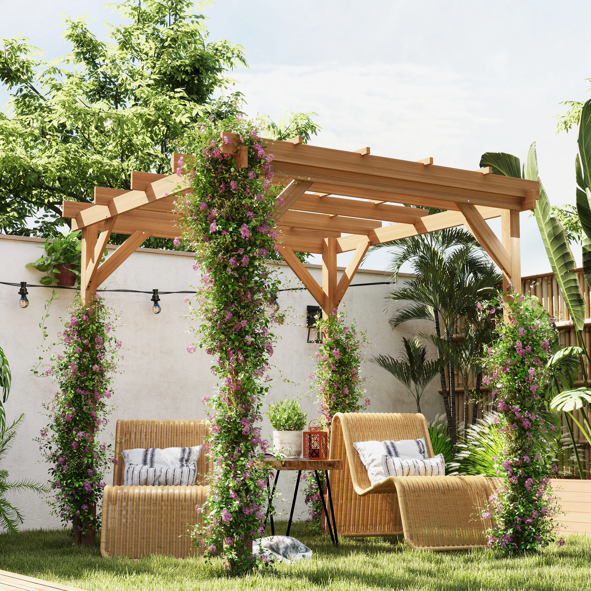 6.6' x 6.6' Wood Pergola, Outdoor Gazebo Grape Trellis with Stable Structure for Climbing Plant Support, Dark Brown - Image 3