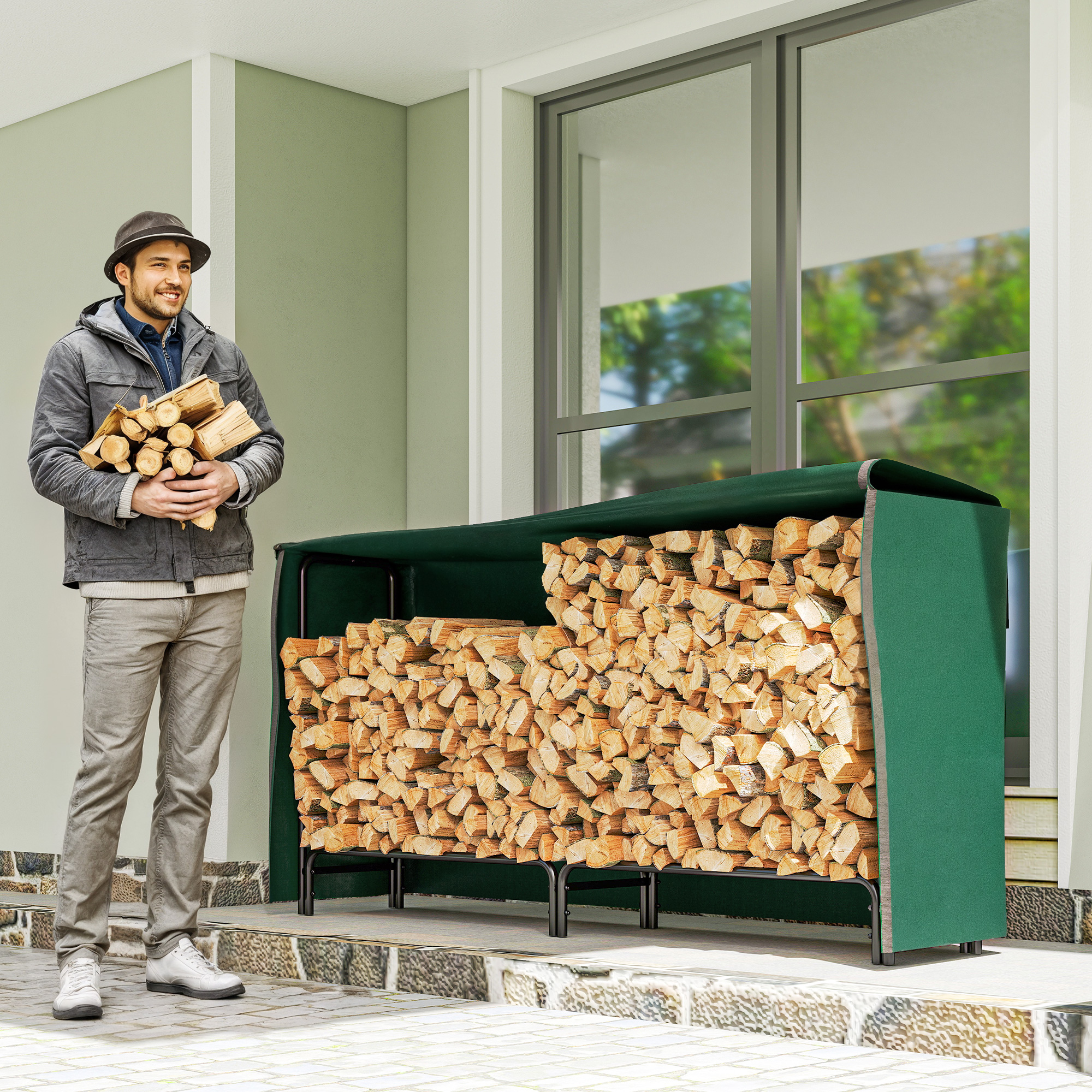 Firewood Rack With Waterproof Cover, Heavy Duty Metal Log Store Indoors — image 4