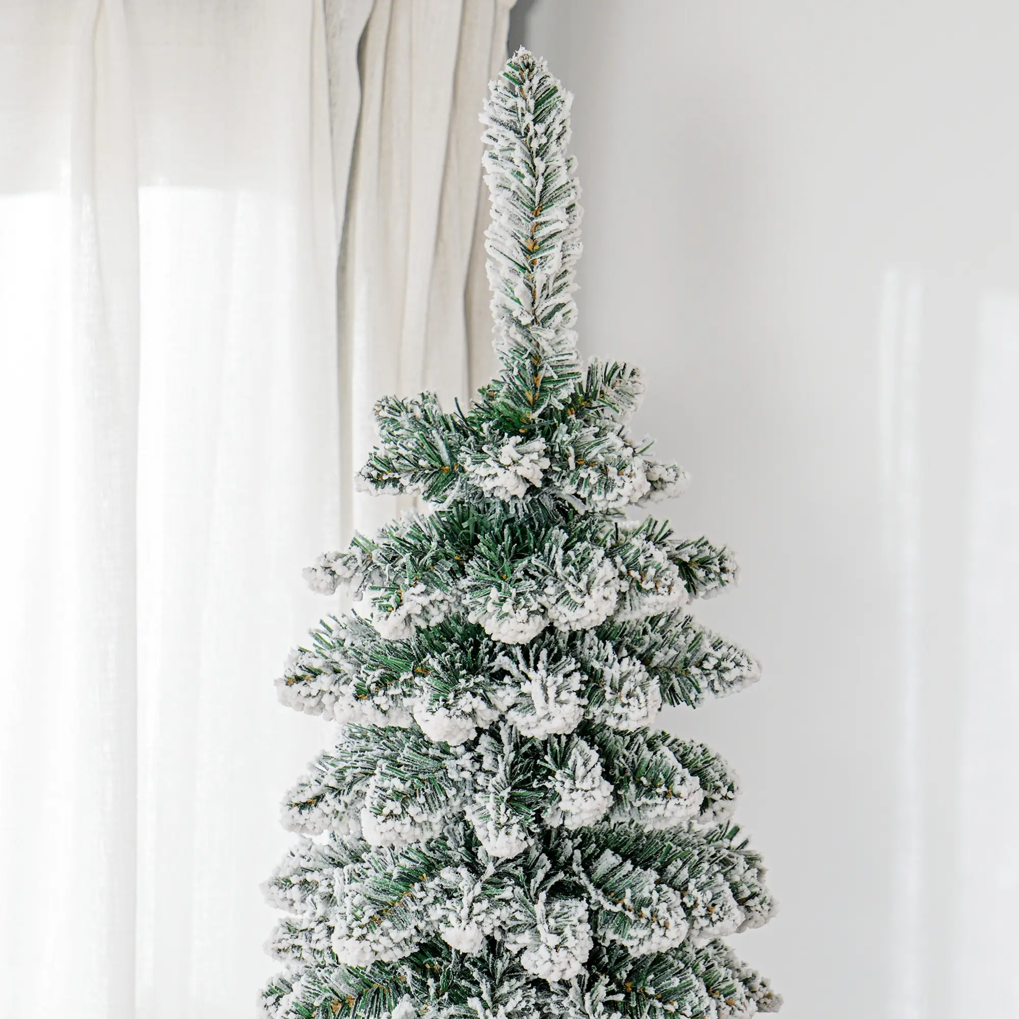 8' Tall Unlit Slim Pencil Xmas Tree, Snow Flocked Artificial Christmas Tree with Realistic Branches and 603 Tips, Green