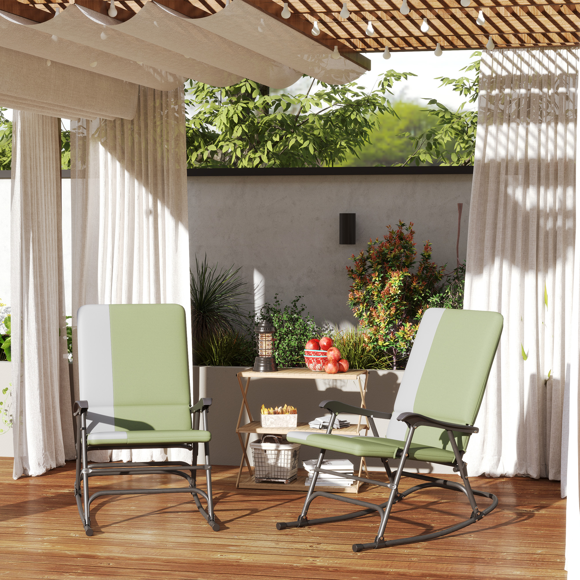 Outdoor Rocking Chairs Set of 2, Folding Rocking Chair Set, 400 lbs. Capacity, Wide Seat, Padded High Back, Dark Green