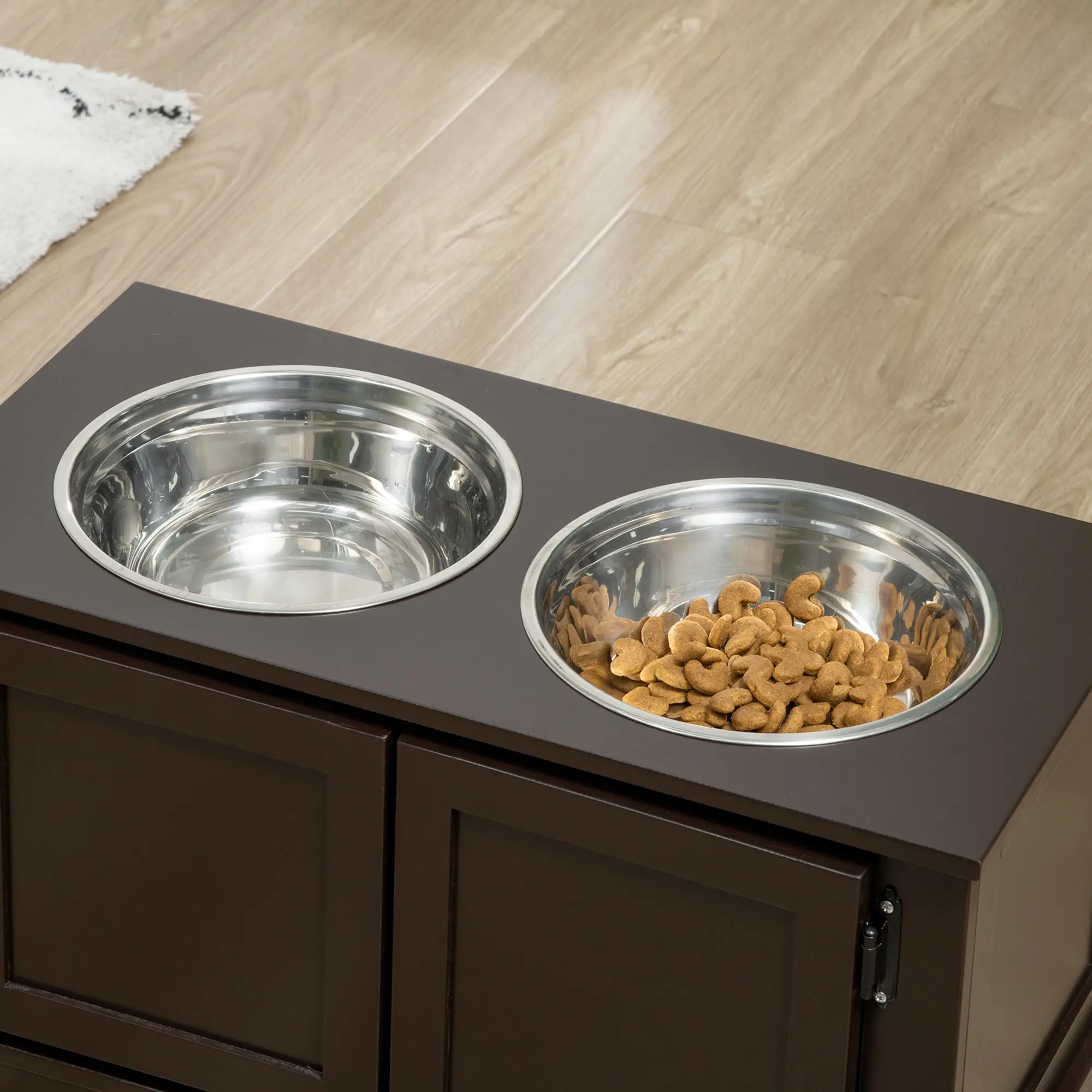 Elevated Dog Bowls with Storage, Two Stainless Steel Bowls for Large Dogs, Coffee