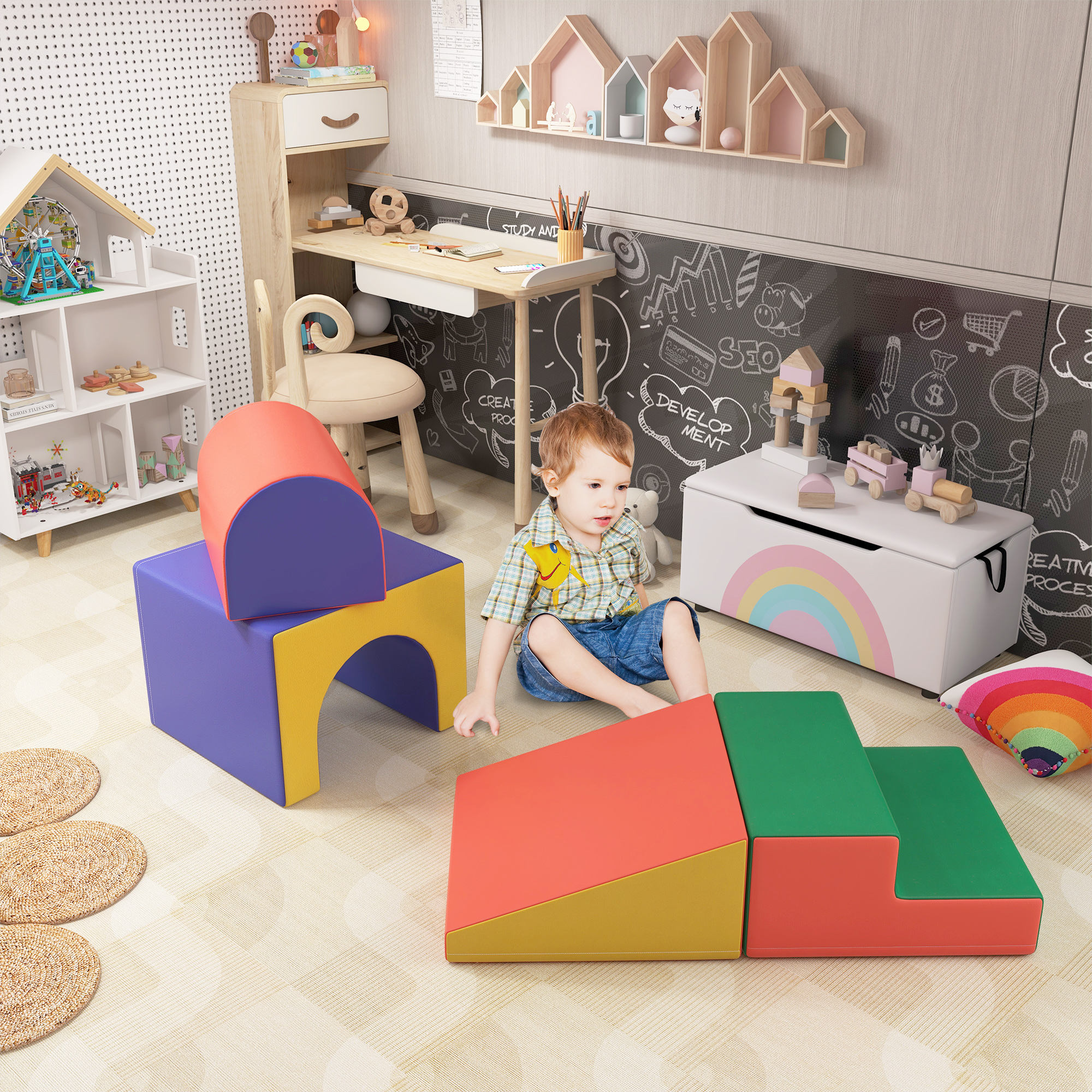 4 Piece Foam Play Set, Soft & Safe Kids Toddlers Children Climbing Set for Crawling or Sliding, Assorted