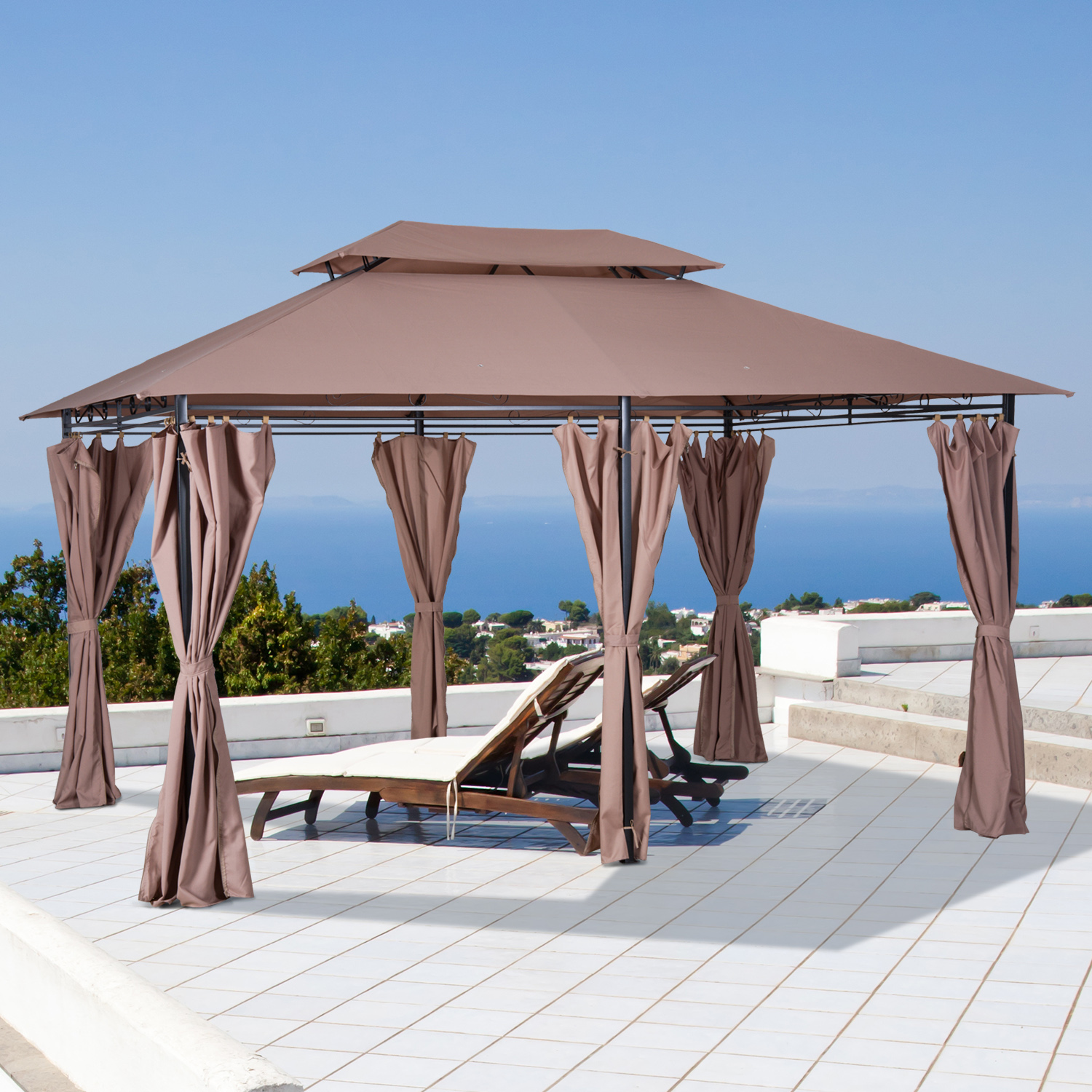 10 x 13 Patio Gazebo, Outdoor Gazebo Canopy Shelter with Curtains, Vented Roof, Steel Frame for Garden, Lawn, Backyard and Deck, Khaki