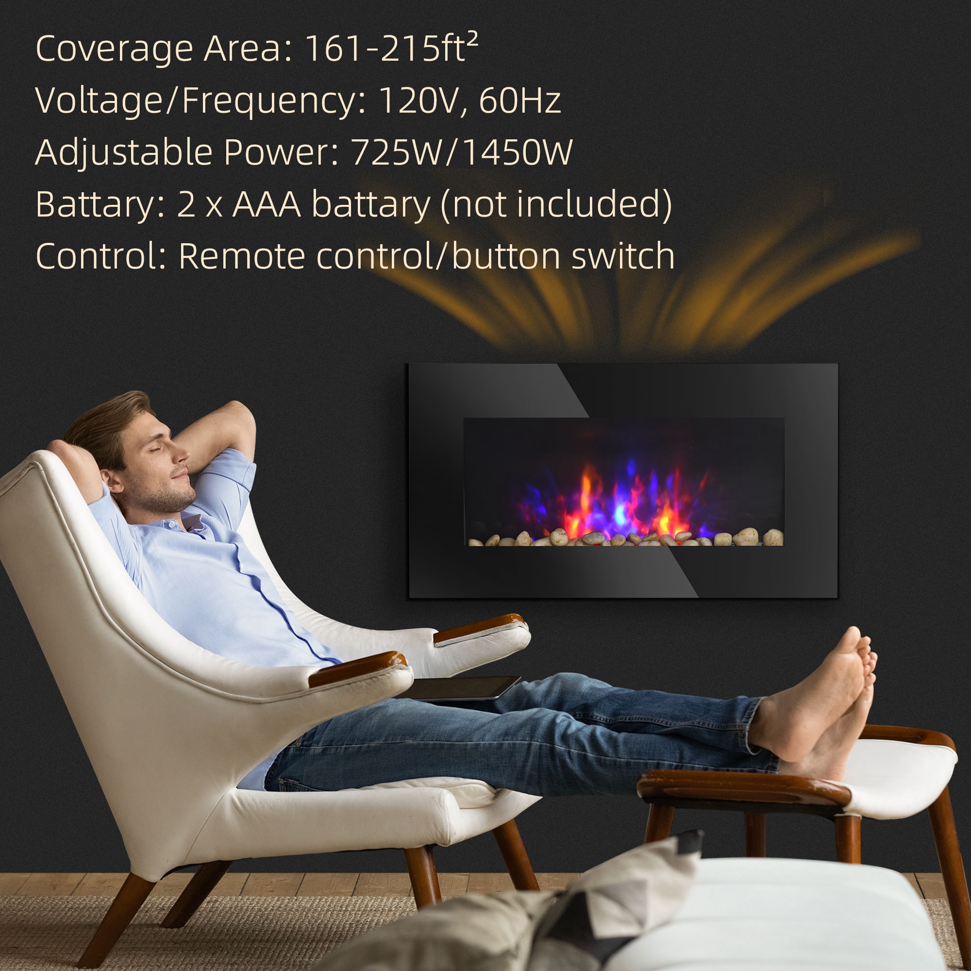 28.5" 1450W Electric Wall-Mounted Fireplace with Flame Effect, 7 Color Background Light, Black image 5
