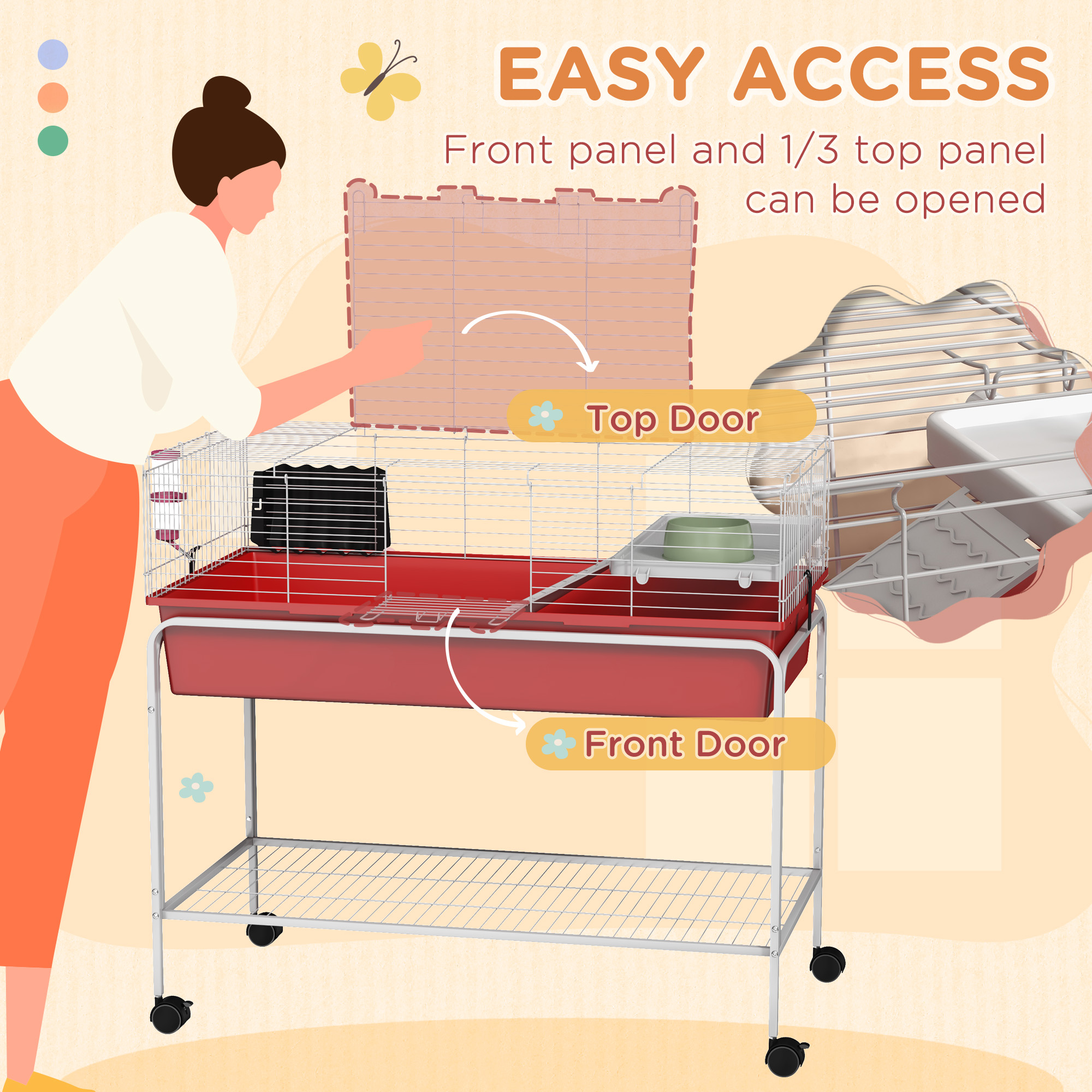  Two-Story Small Animal Cage Removable from Stand, Pet Habitat with Shelf & Wheels, 39" x 20.5" x 36.5", Red