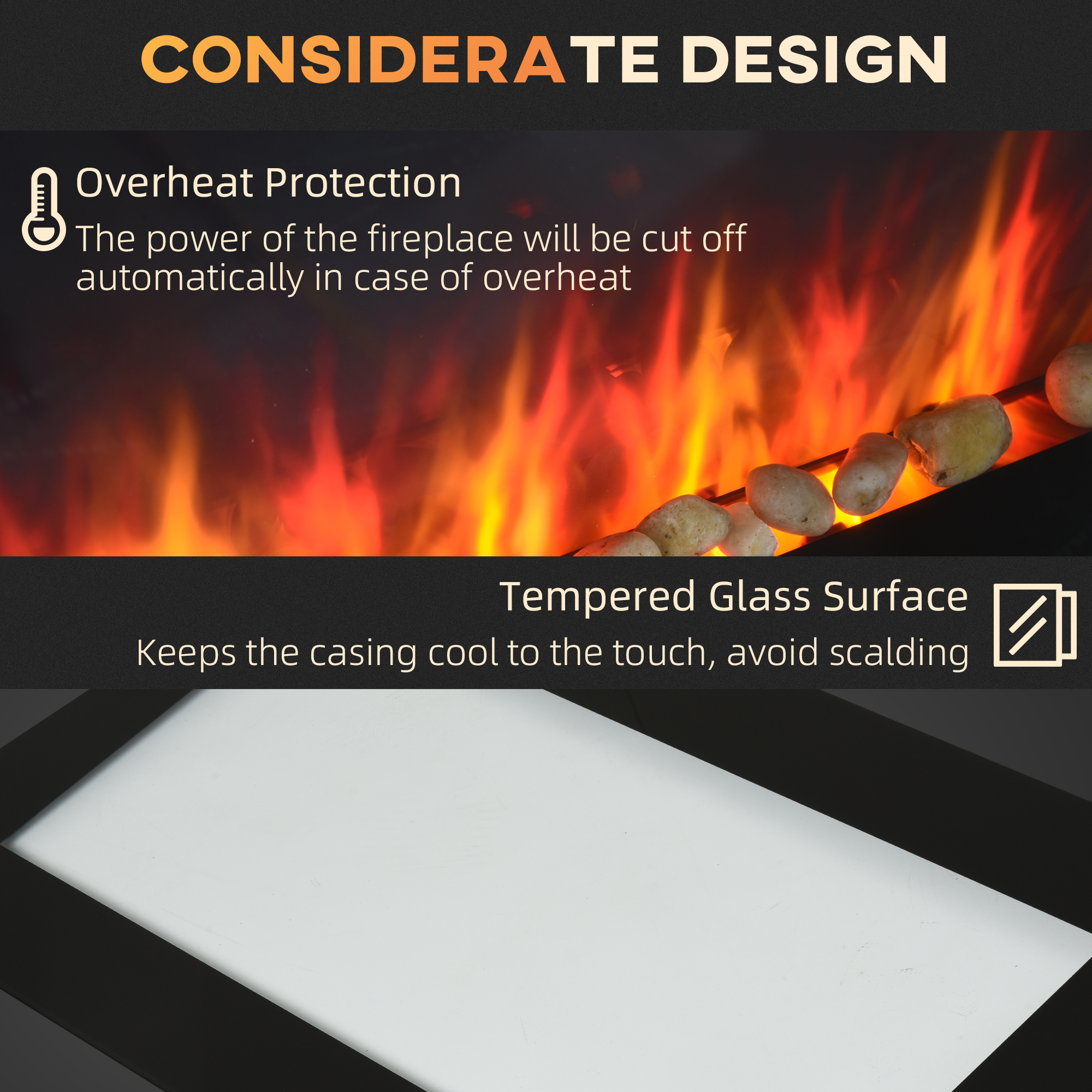 28.5" 1450W Electric Wall-Mounted Fireplace with Flame Effect, 7 Color Background Light, Black image 6