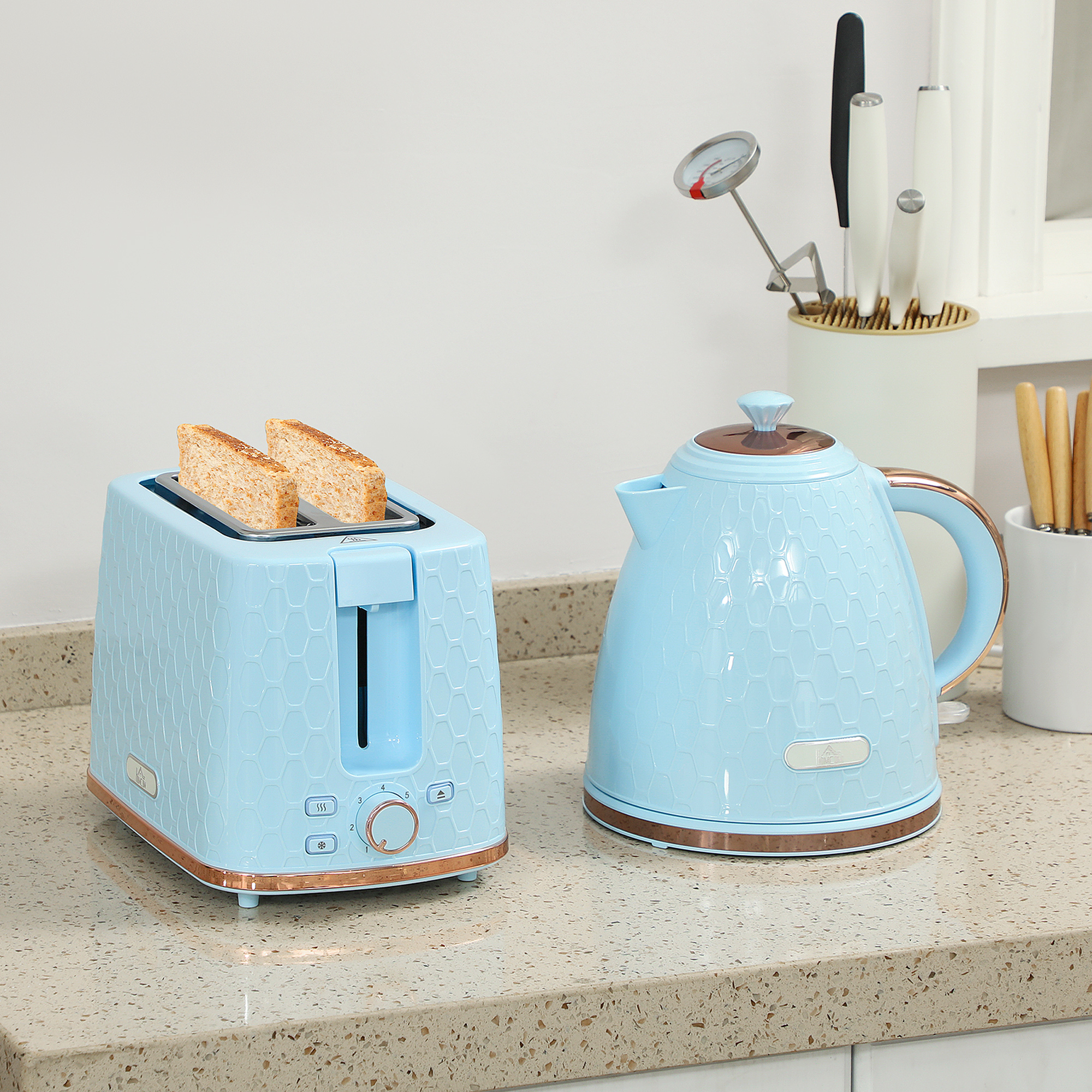 1.7L 3000W Fast Boil Kettle & 2 Slice Toaster Set, Kettle And Toaster Set With Auto Shut Off, Browning Controls, Light Blue