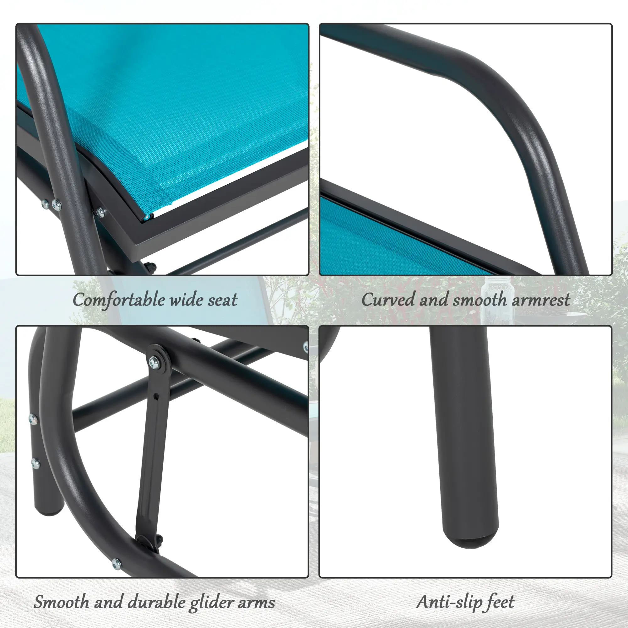 2 Pieces Outdoor Glider Chair, Steel Swing Chai with Curved Armrests for Porch, Garden, Poolside, Balcony, Blue