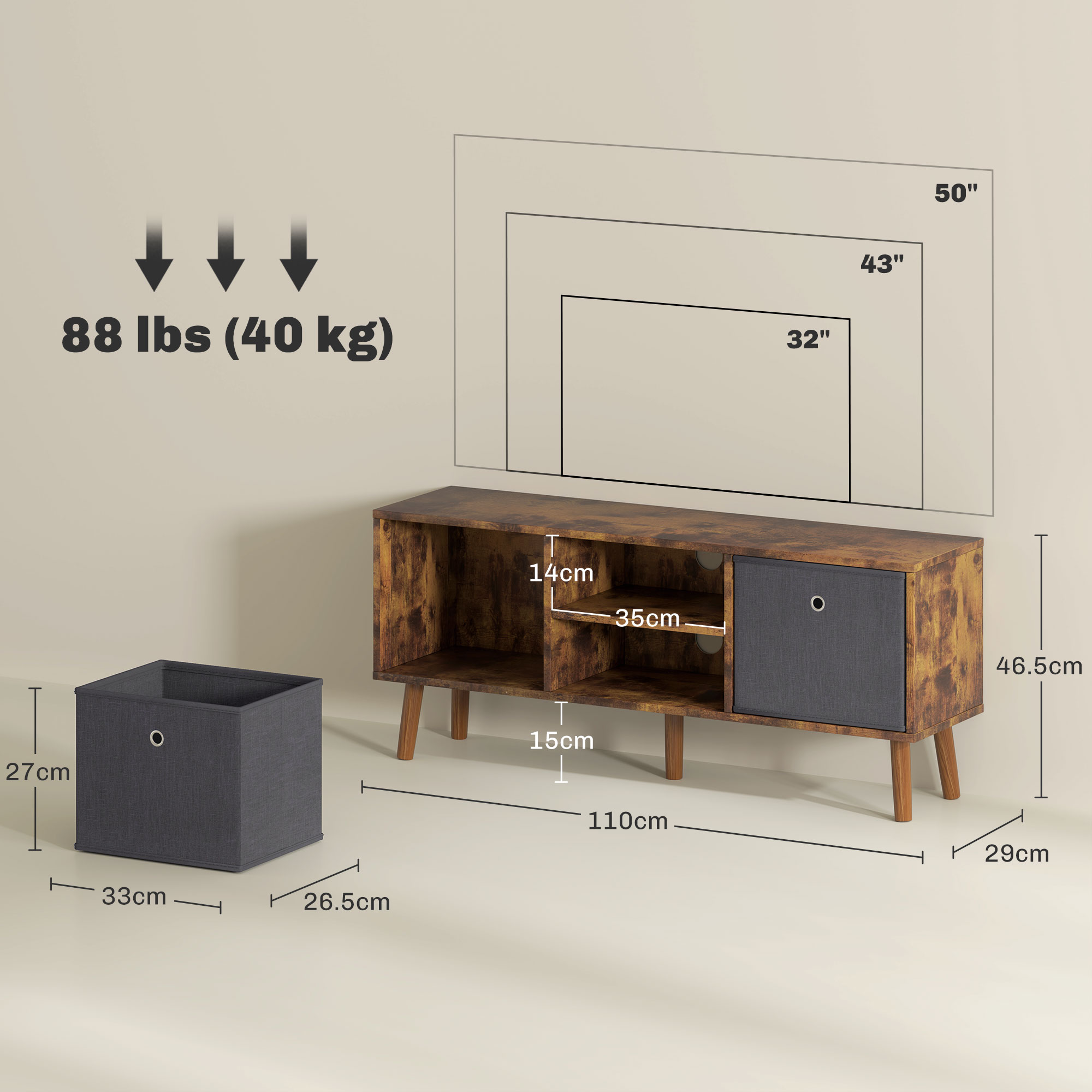 TV Cabinet Stand Unit For TVs Up To 50'' With Foldable Drawers, Entertainment — image 2