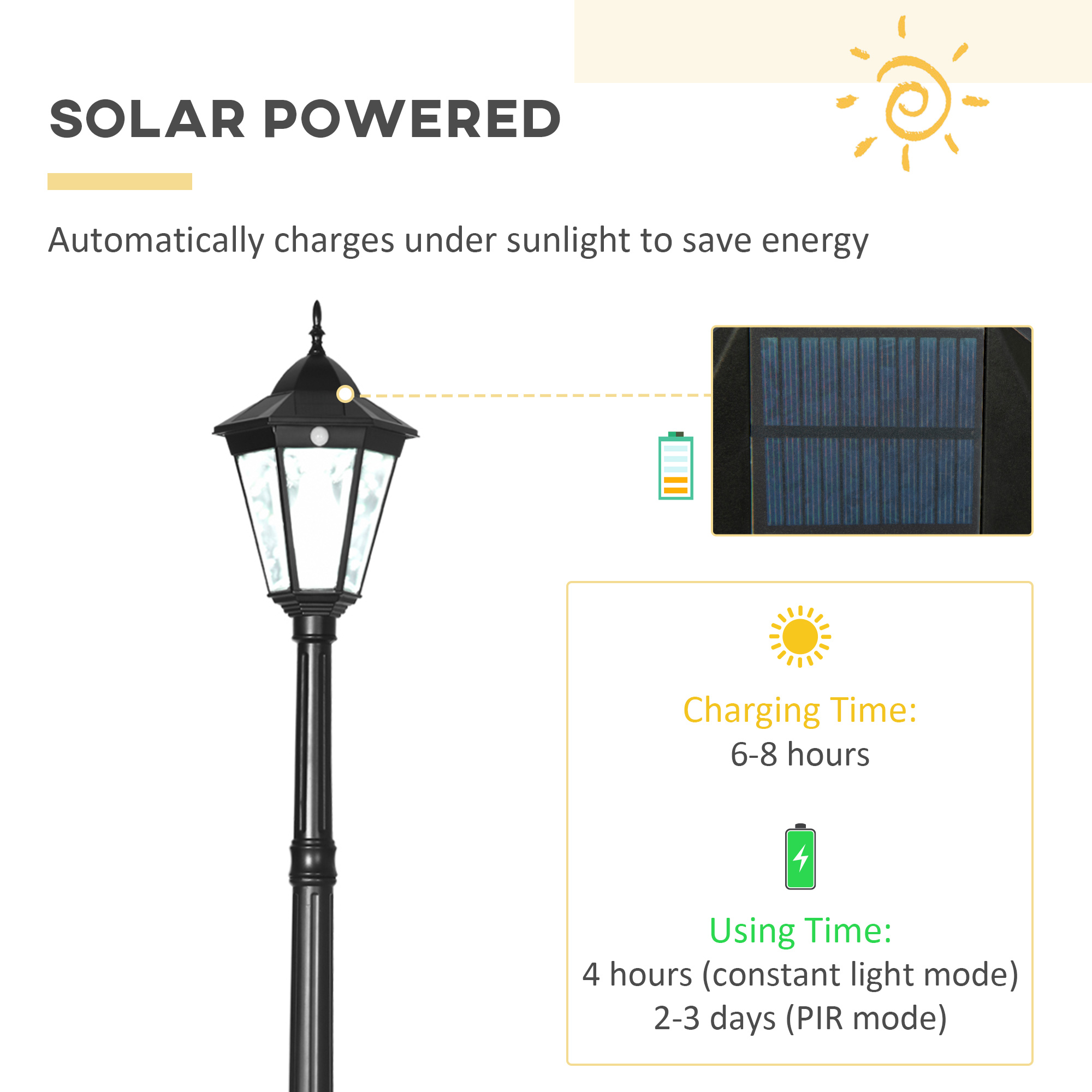 94.5″ Solar Lamp Post Light, Dusk to Dawn Vintage Style Street Light, Aluminum Solar Powdered Lamp, PIR Motion Sensor for Garden, Lawn, Pathway, Driveway, Black