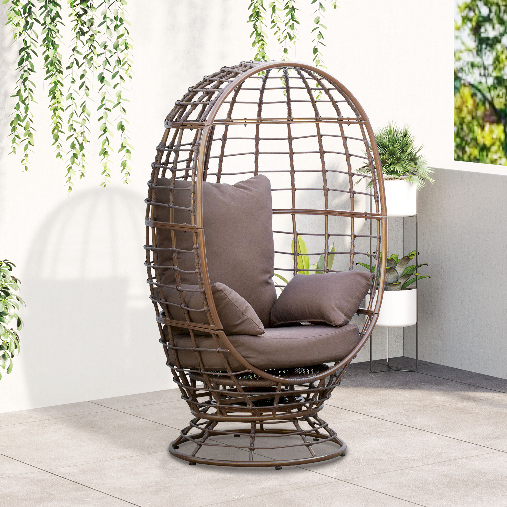  Wicker Egg Chair, 360 Rotating Indoor Outdoor Boho Basket Seat with Cushion and Pillows for Backyard, Porch, Patio, Garden, Handwoven All-Weather PE Rattan, Steel Frame, Brown
