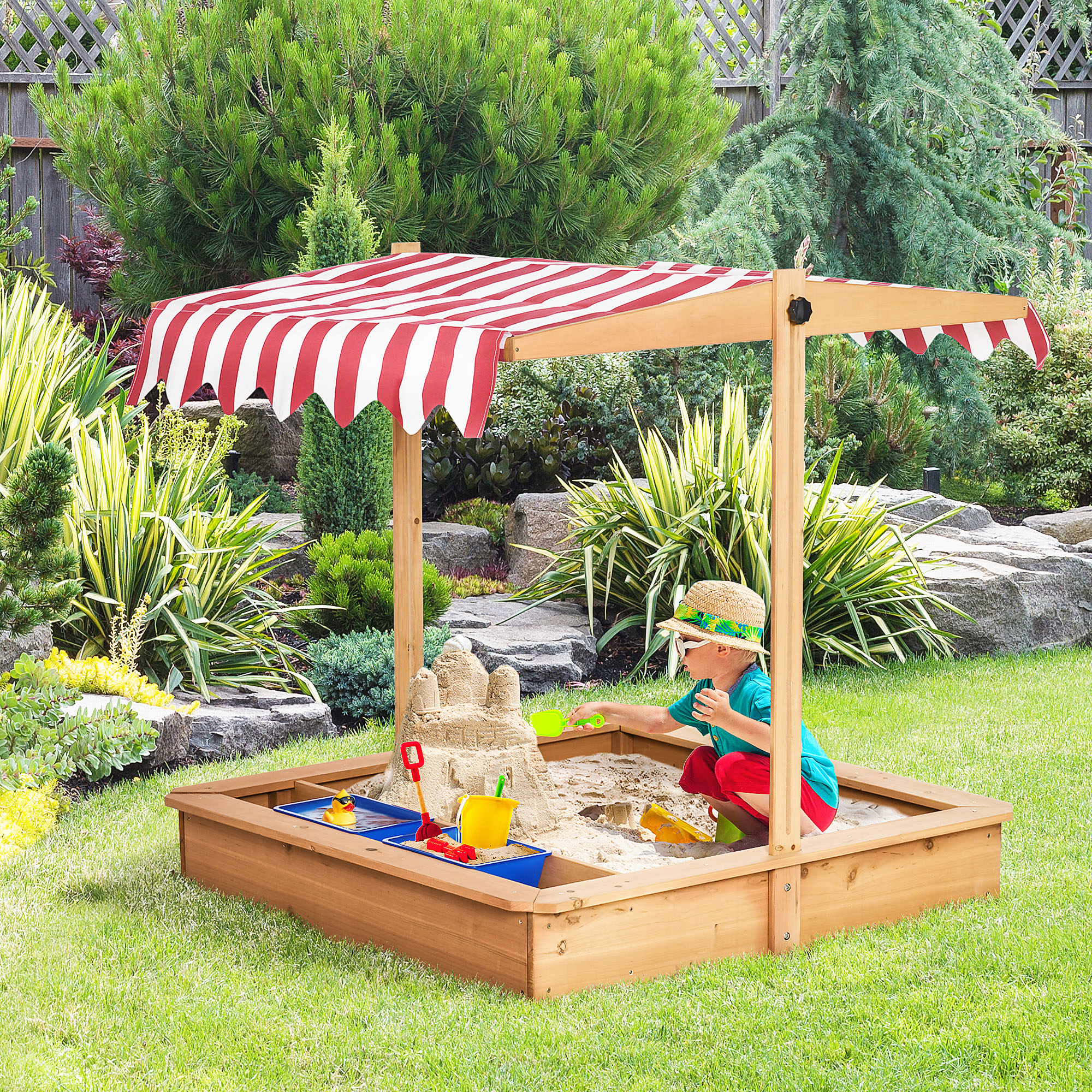  Kids Wooden Sandbox with Adjustable Height Cover and Toy Bin Storage, Children Sand Play Station Outdoor,Bottom Liner, for Backyard, Ages 3-7
