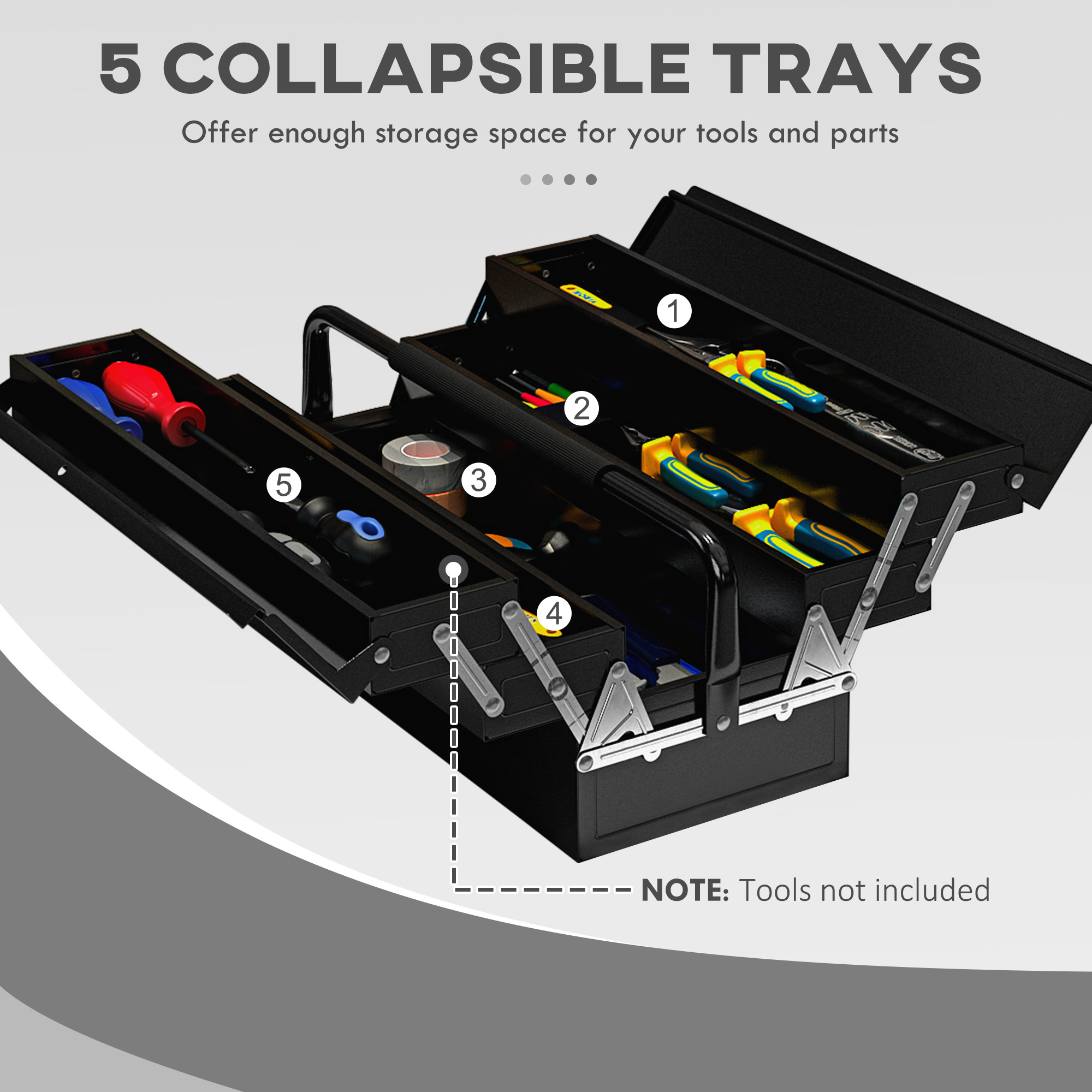 DURHAND 3 Tier Metal Toolbox, 5 Tray Professional Portable Tool Box With Carry Handle For Workshop, 45cmx20cmx34.5cm, Black
