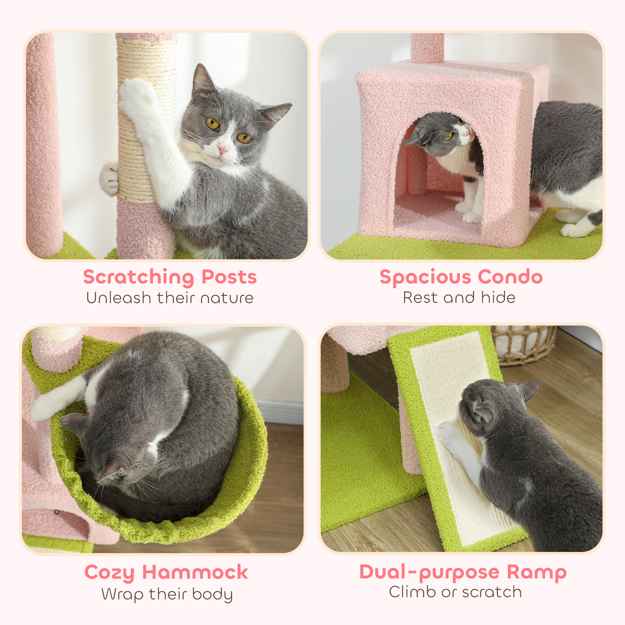  74" Flower Cat Tree, Large Cat Tower with Scratching Post & Board for Indoor Cats, Pink