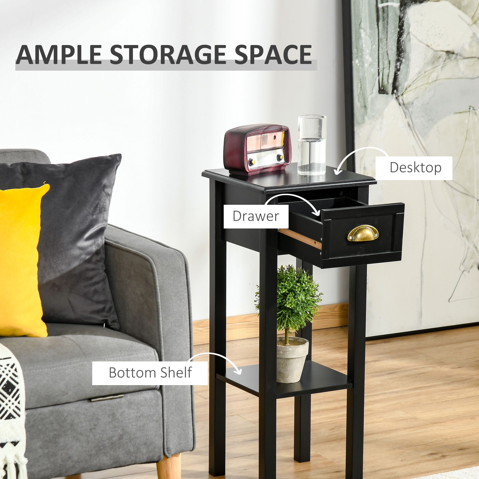 2-Tier Side Table with Drawer Shelf, End Table for Living Room Hallway, Black image 3