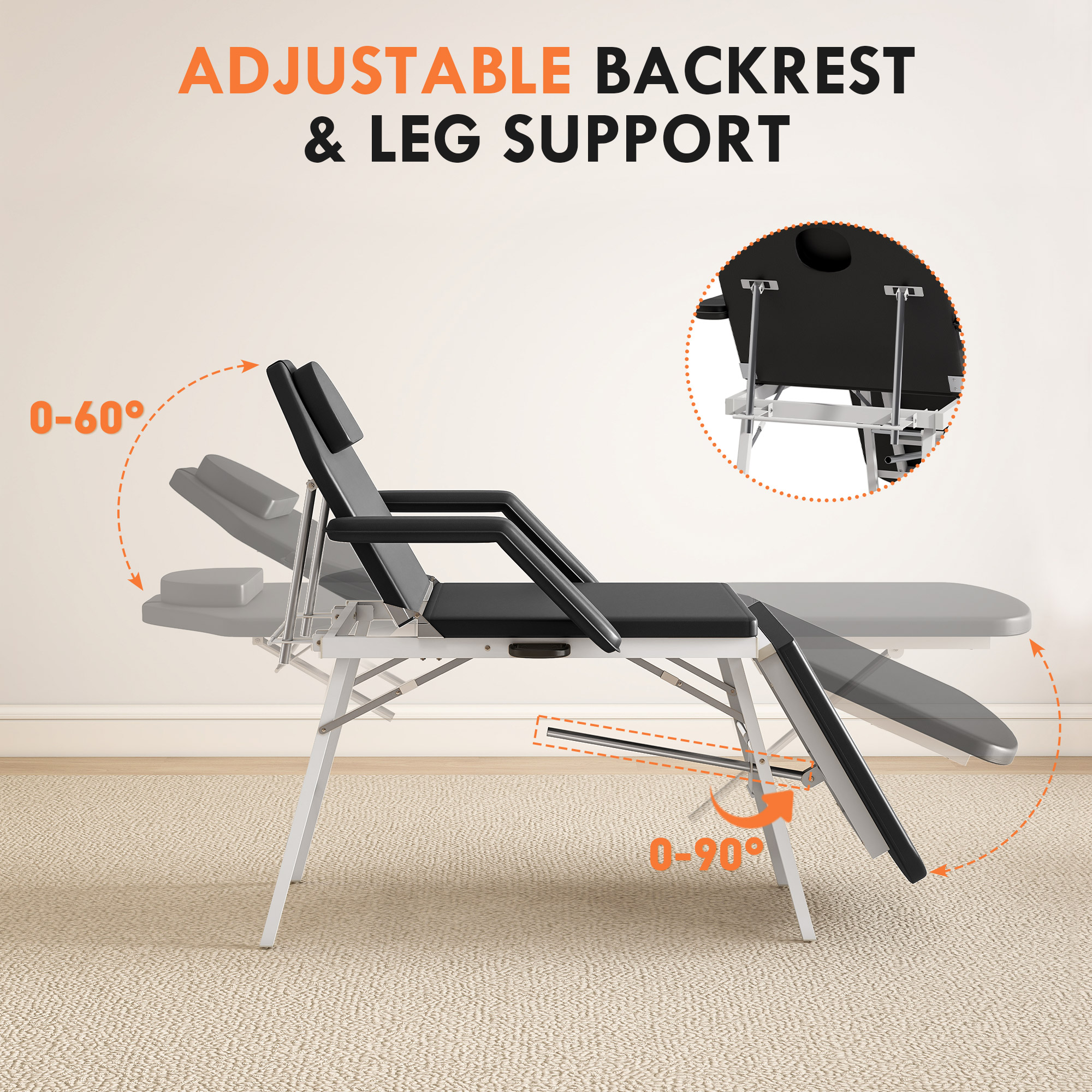 Portable Massage Table, 3 Section Adjustable Beauty Bed, Foldable Massage Bed With Face Hole, Recliner Chair With Removable Headrest And Armrests For Spa, Lash, Tattoo, Black