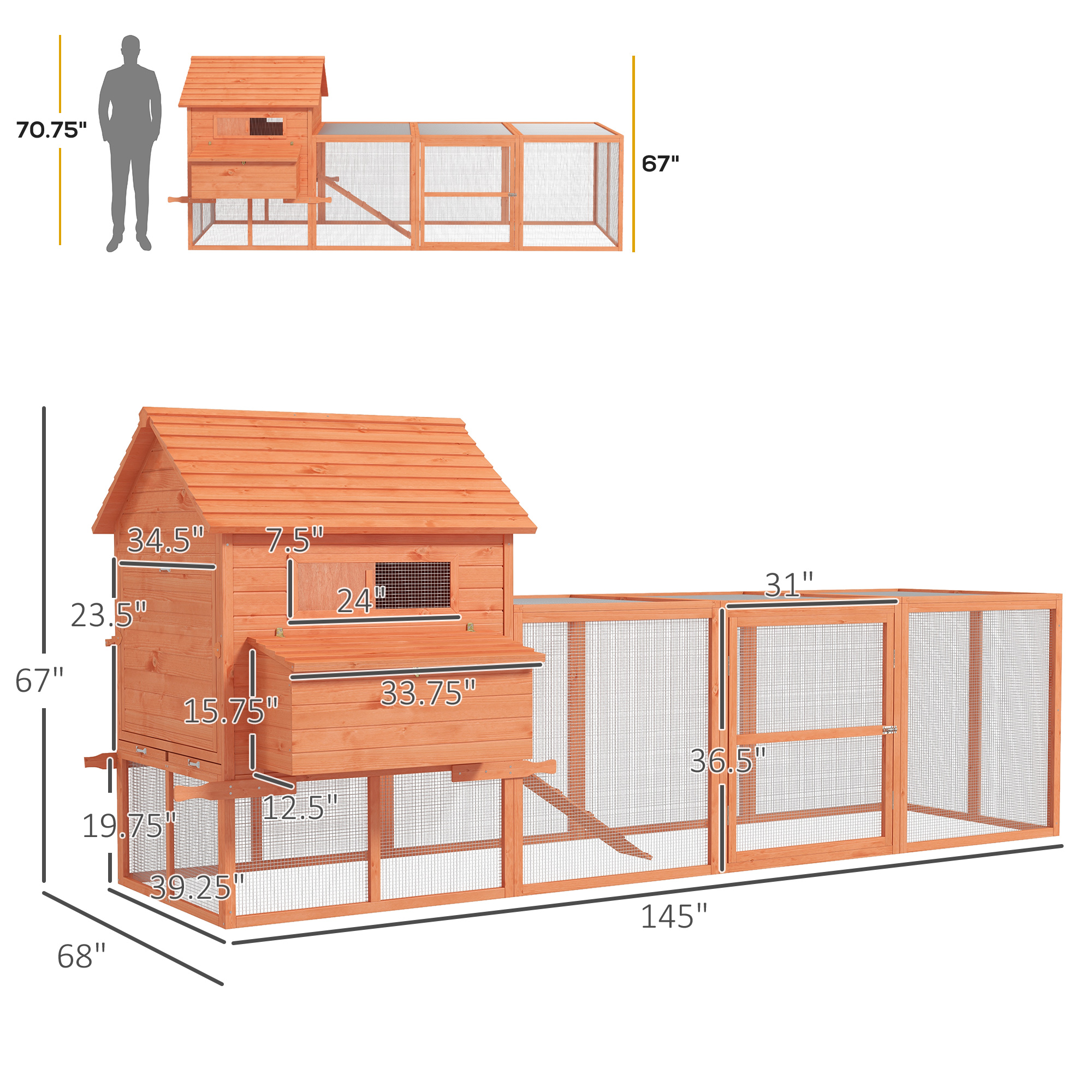  145" Wooden Chicken Coop with Run & Inner Hen House Space