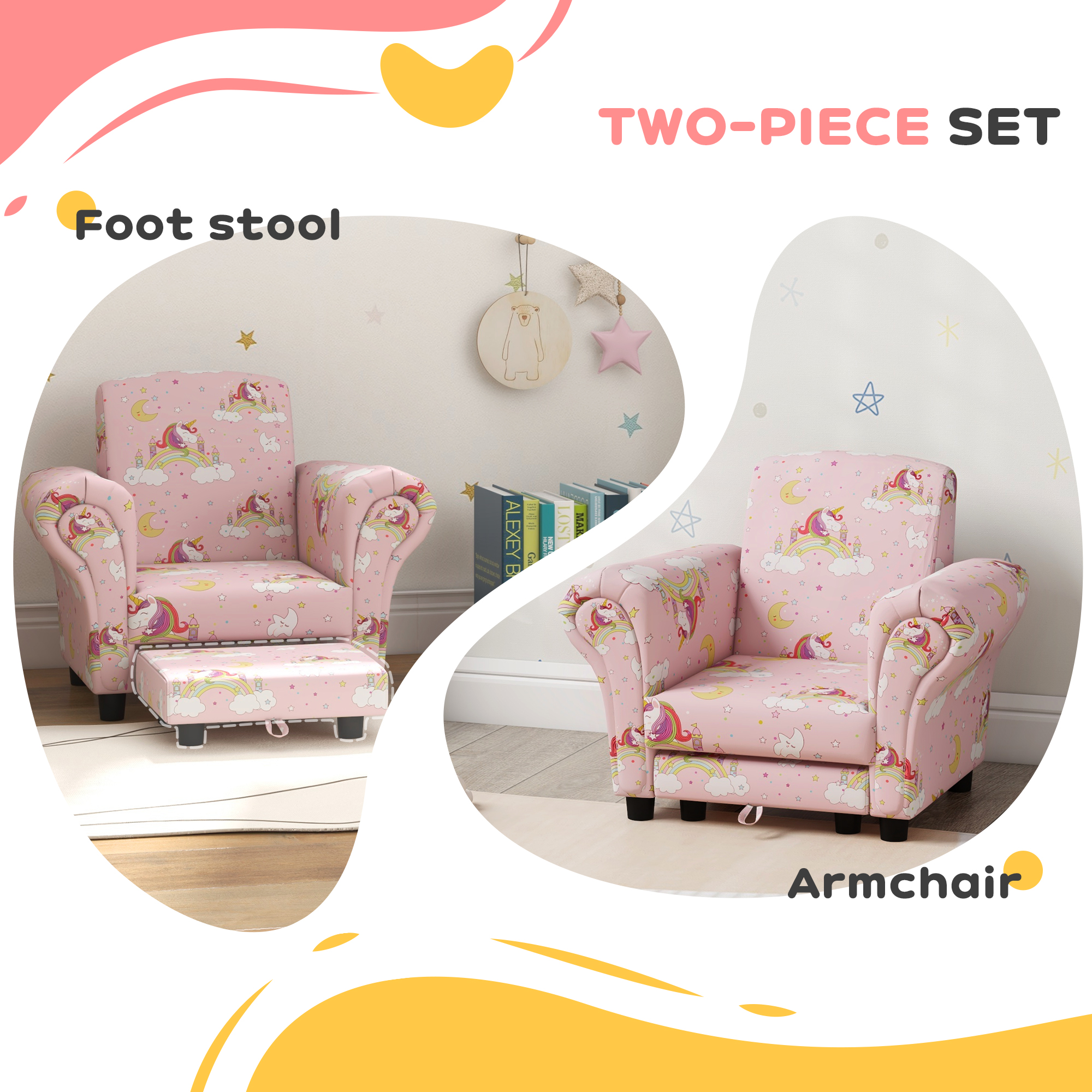 2 Piece Kids Sofa Set With Unicorn Design, Wooden Frame, For 1.5-3 Years Old