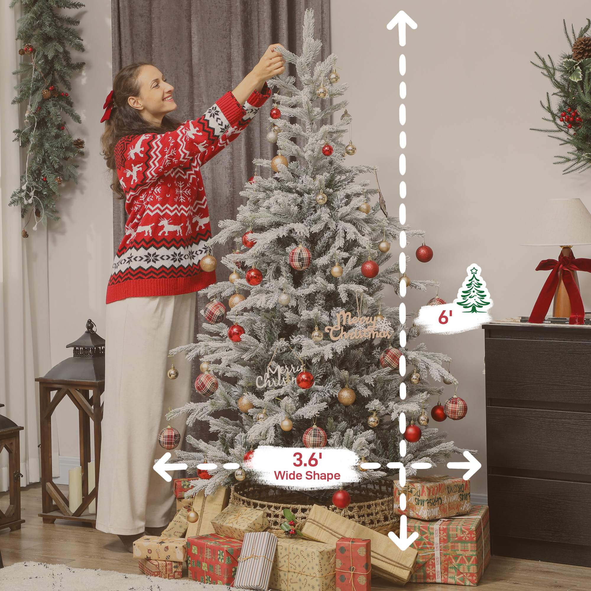  6 ft Artificial Frosted Christmas Tree with Realistic Branches, Wide Full Spruce, Hinged Xmas Tree, Easy Assembly