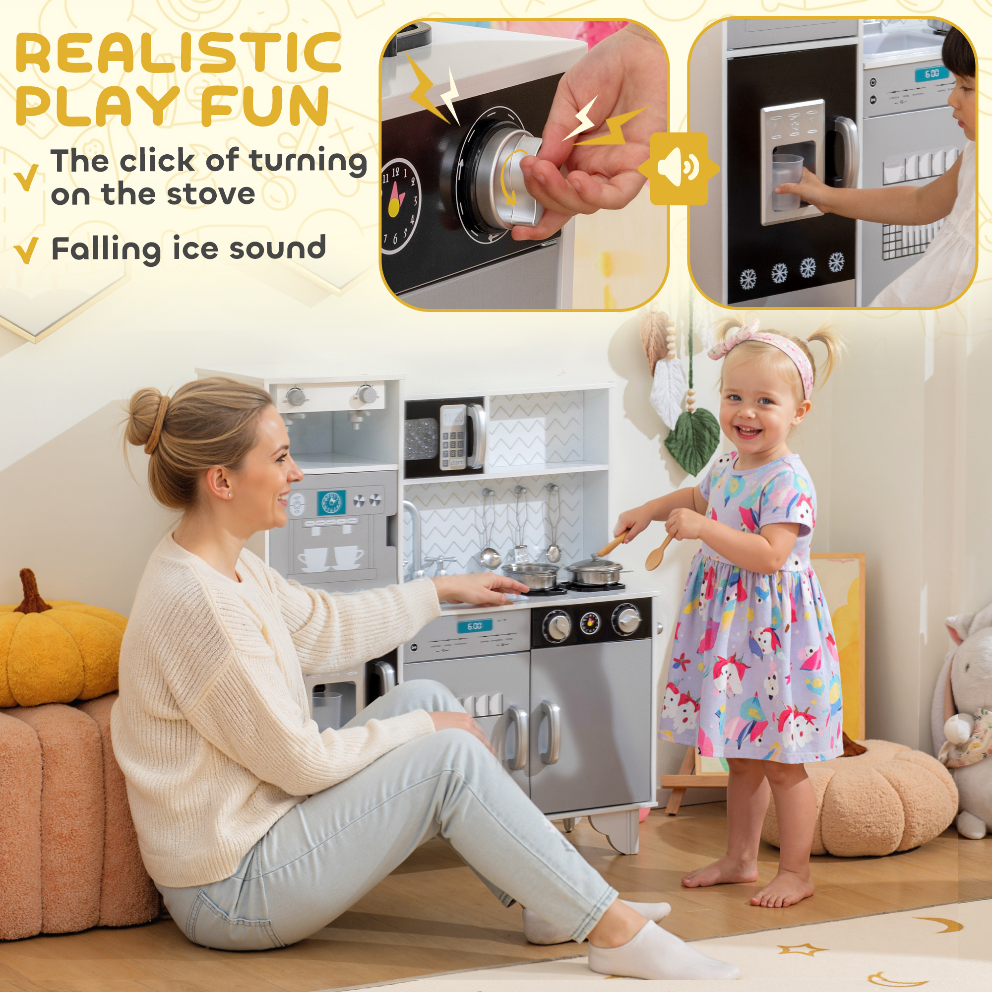 Kids Play Kitchen With Sound, Ice/Coffee Maker, Utensils, Microwave, Stainless — image 5