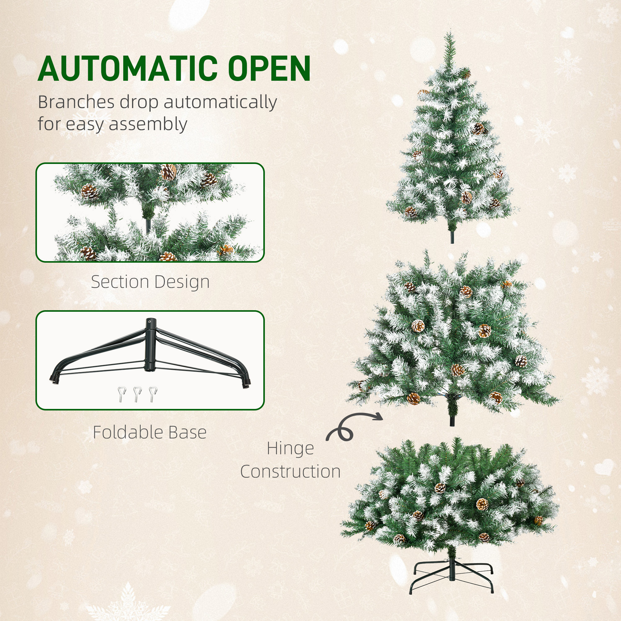  6ft Unlit Snow-Dusted Full Fir Artificial Christmas Tree with Realistic Branches, 61 Pine Cones and 800 Tips